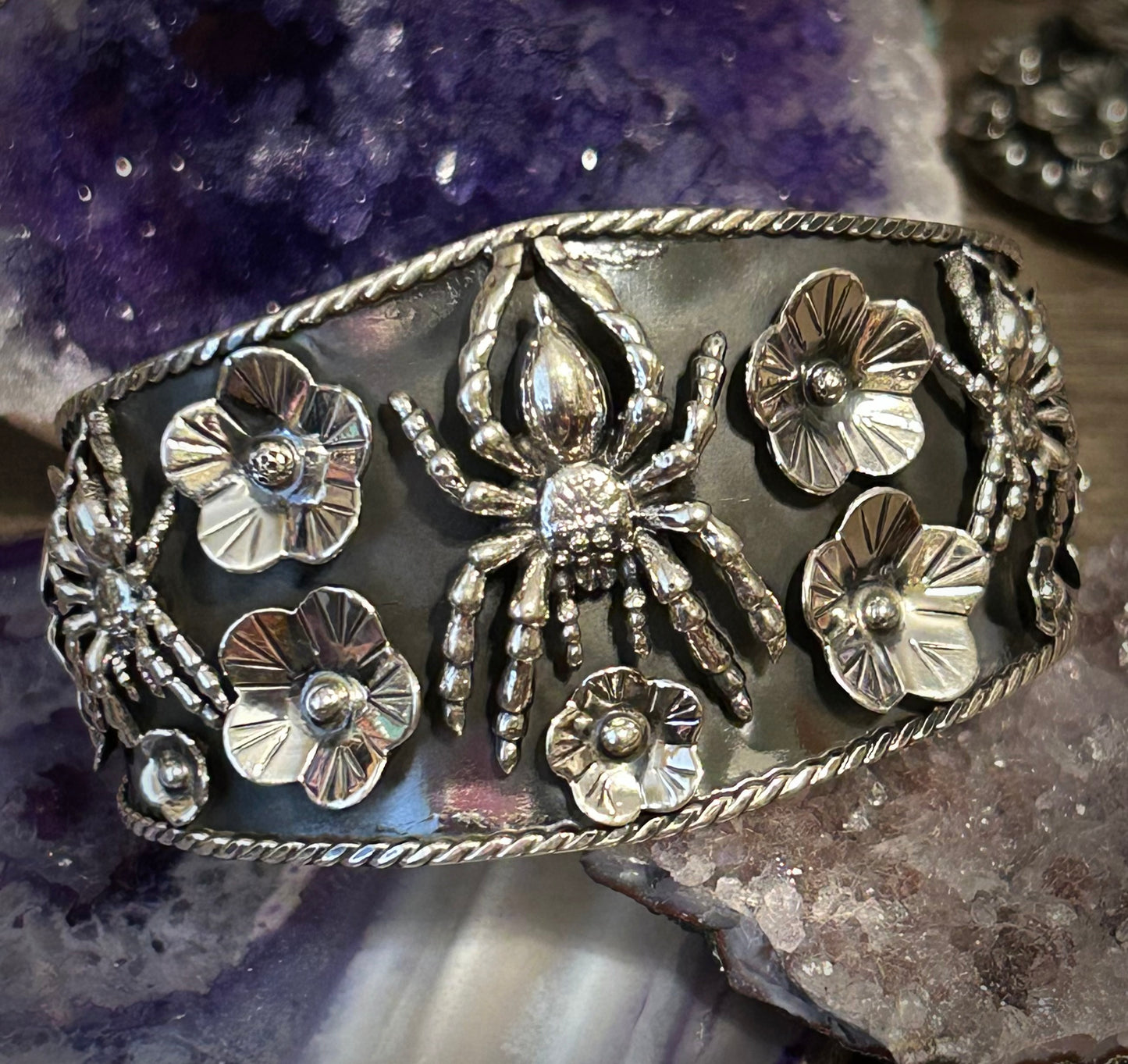 Sterling Silver Taxco Mexico Spider & Flower Cuff Bracelet
