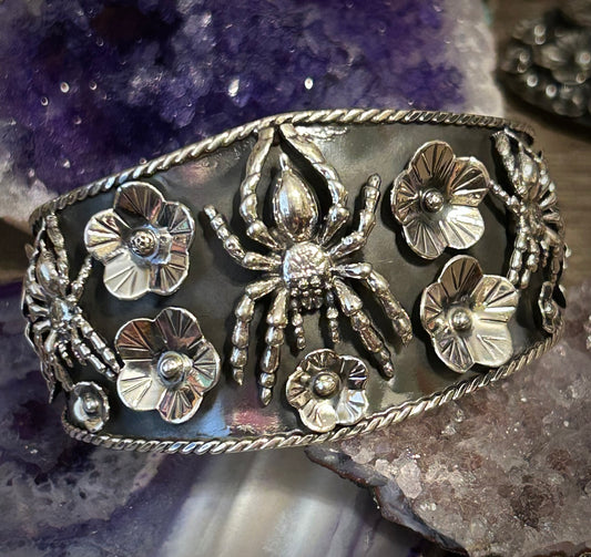 Sterling Silver Taxco Mexico Spider & Flower Cuff Bracelet