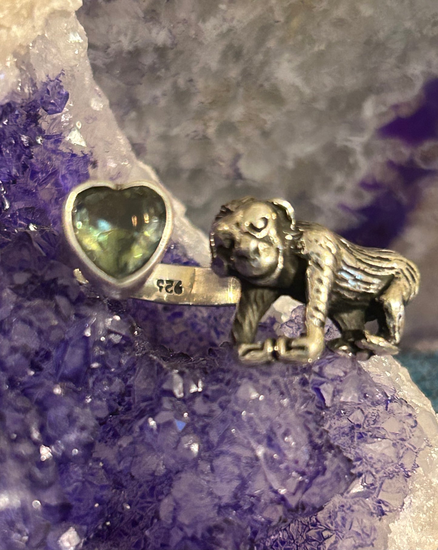 Sterling Silver Taxco Mexico Zircon Heart & Gorilla Bypass Ring Size 6.5-7.5