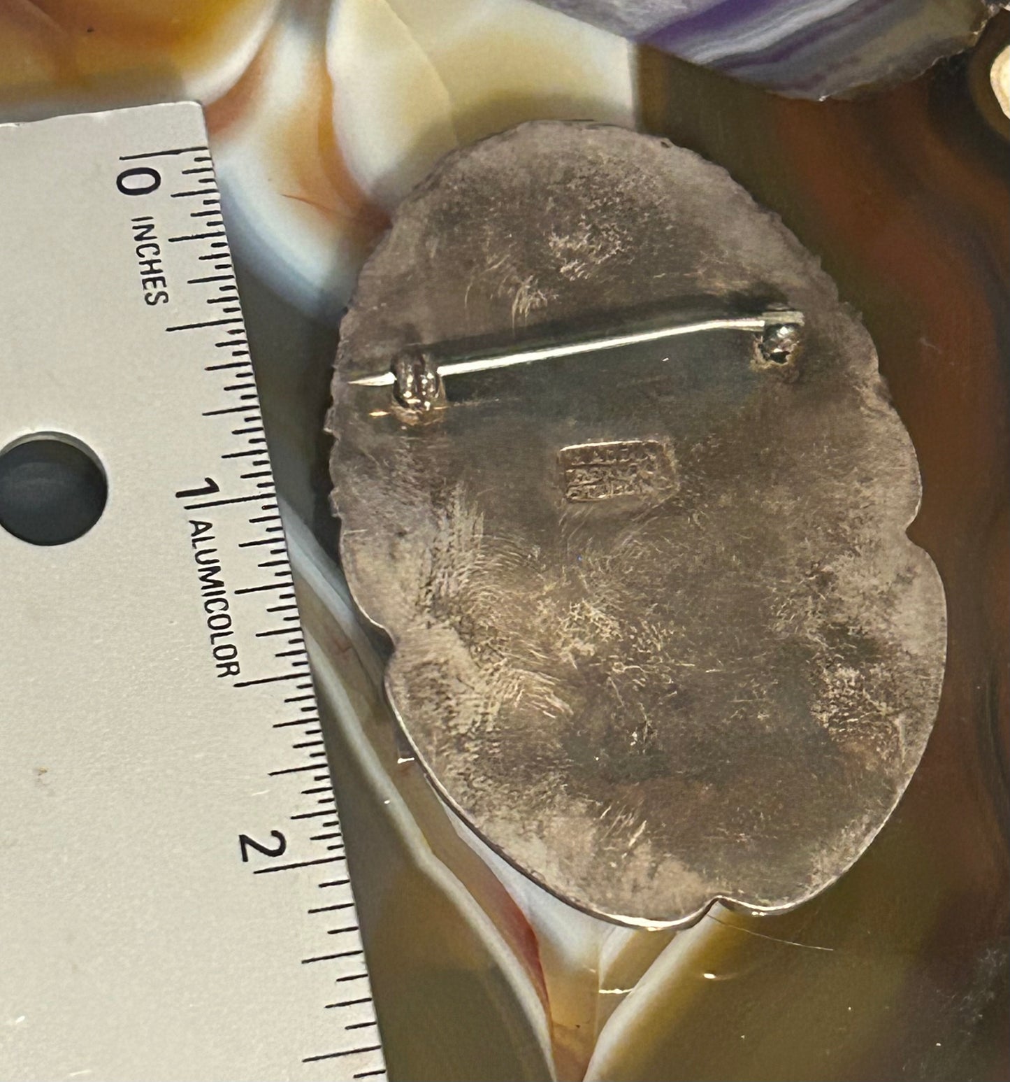 Vintage Mexico Sterling Silver & Carved Stone Warrior Mask Brooch / Pin