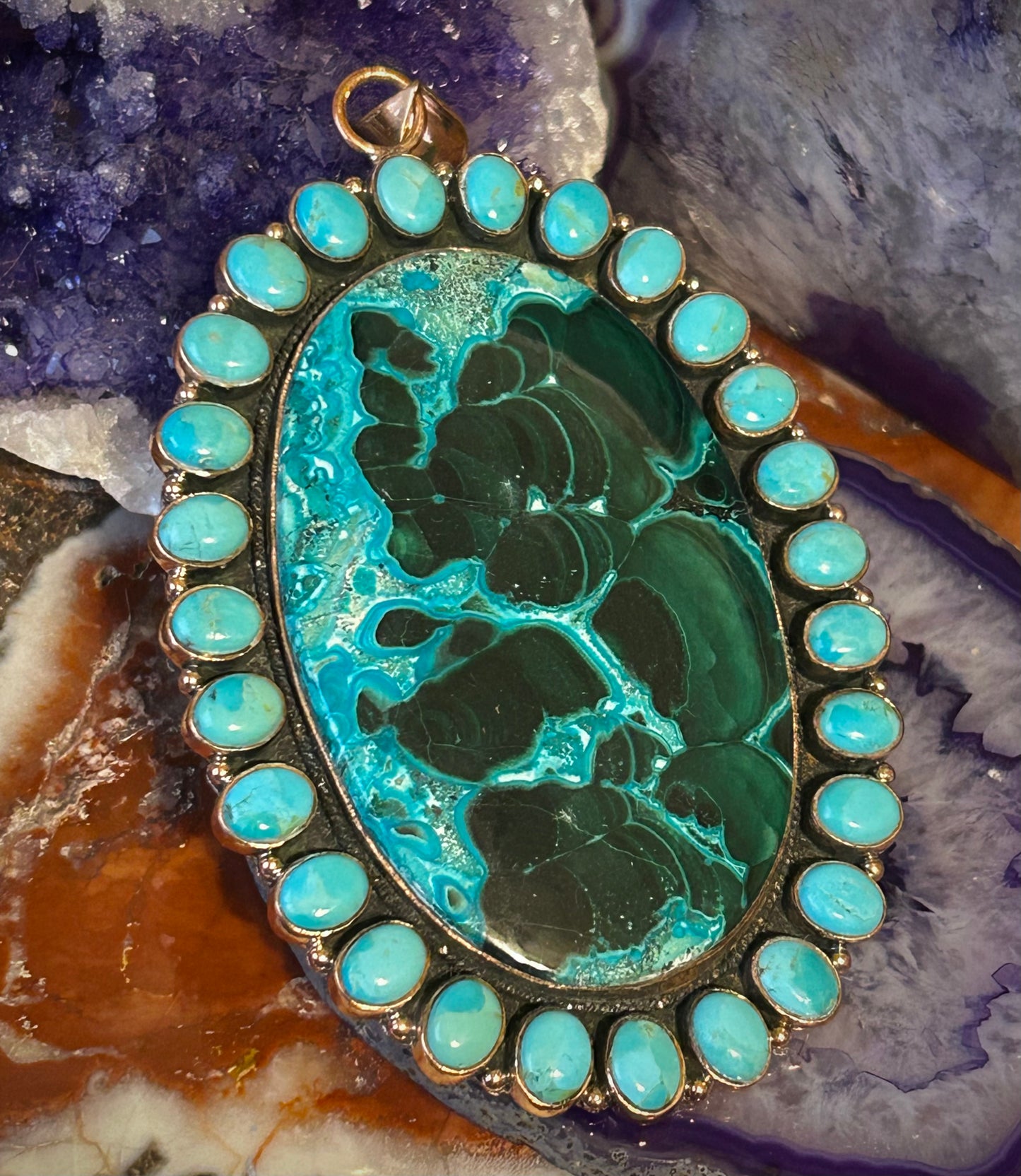 Pure Copper Malachite Chrysocolla Azurite & Turquoise Statement Pendant