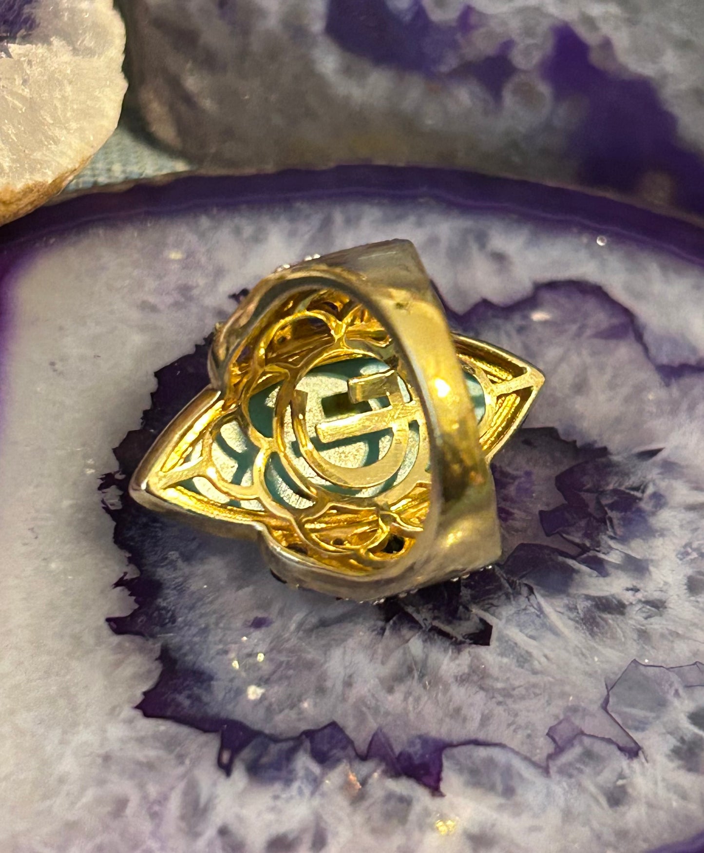 Sterling Silver w/ Gold Over Turquoise And Iolite Gemstone Ring Size 7