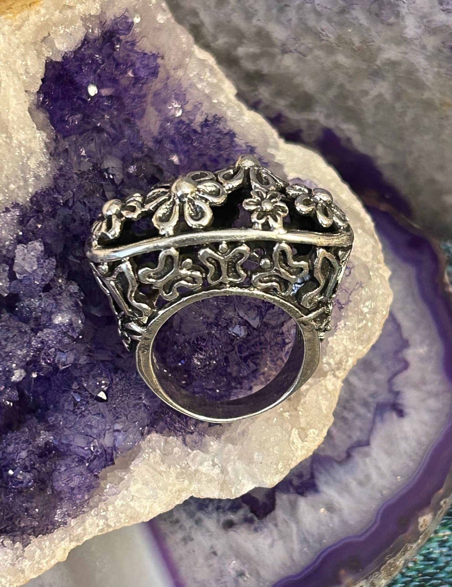Sterling Silver Taxco Mexico Signet Style Flowers & Butterflies Ring • Size 9