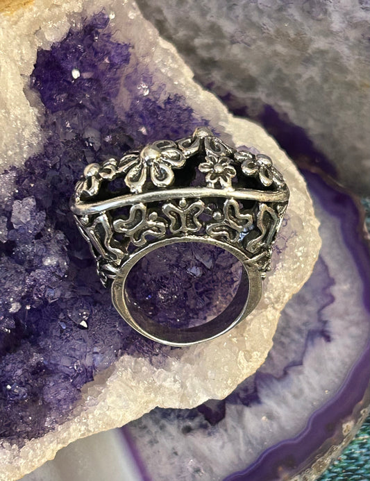 Sterling Silver Taxco Mexico Signet Style Flowers & Butterflies Ring • Size 9