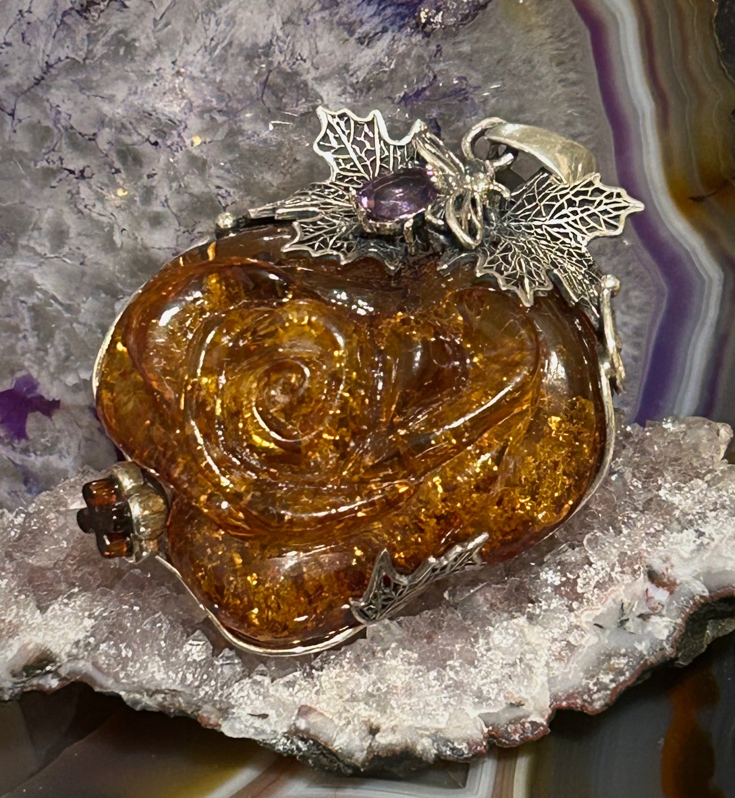 Sterling Silver & Baltic Amber Statement Large Handmade Rose Pendant