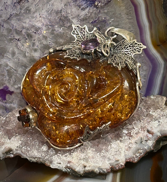 Sterling Silver & Baltic Amber Statement Large Handmade Rose Pendant