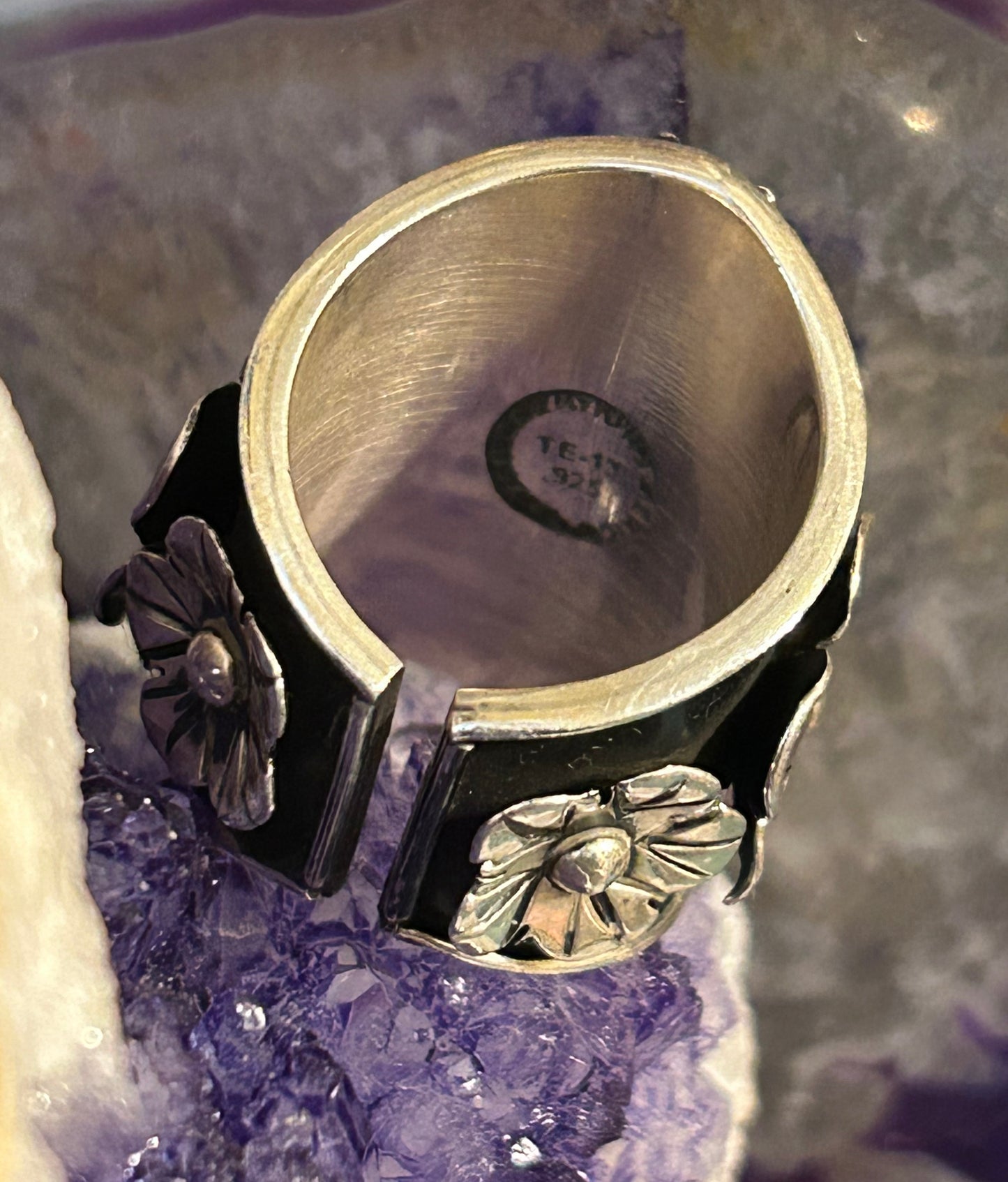 Sterling Silver Taxco Mexican Anatomical Heart & Flower Ring Size 6.5-8