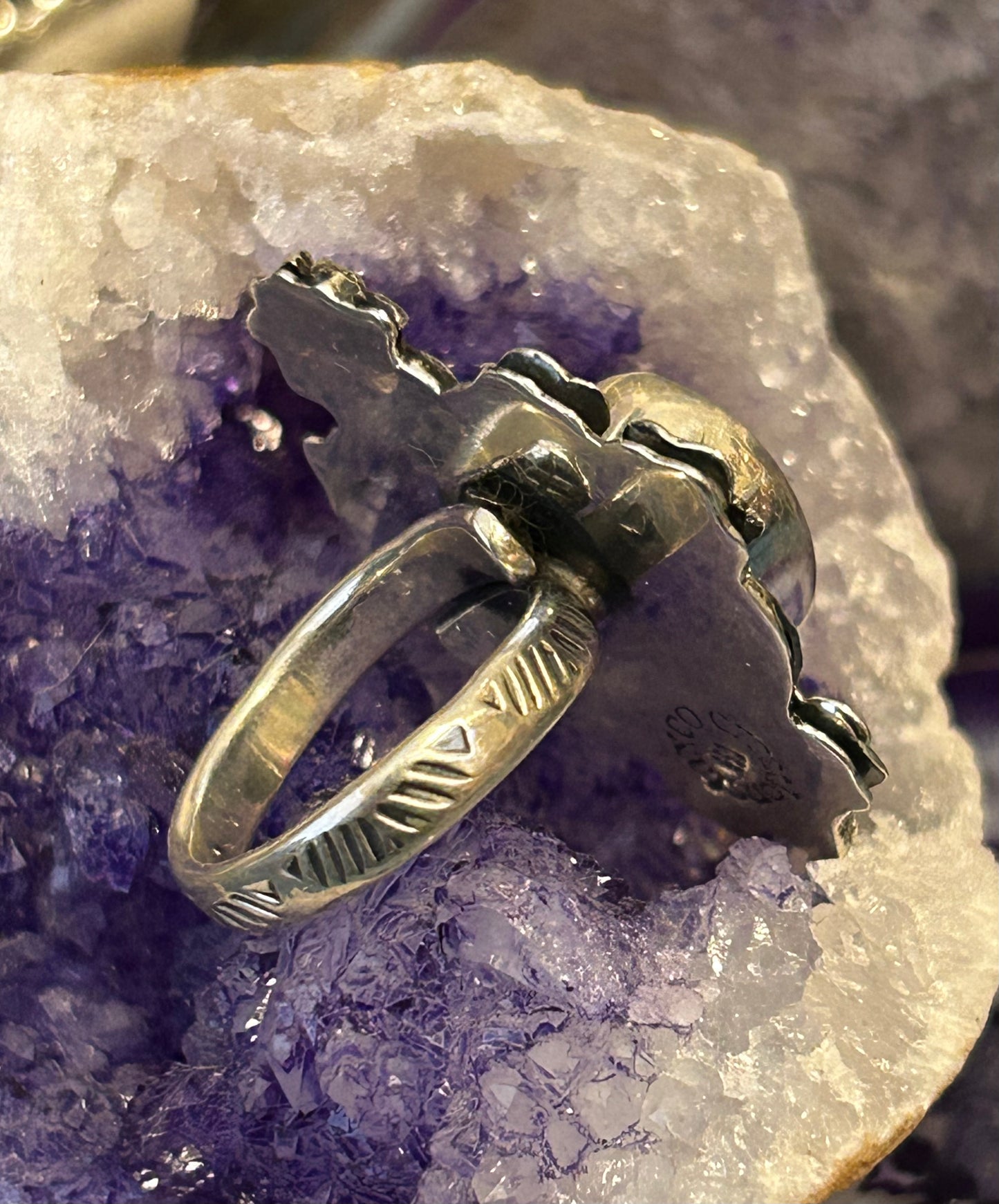 Sterling Silver Modern Taxco Mexico Purple Zircon Heart & Flowers Adjustable Ring