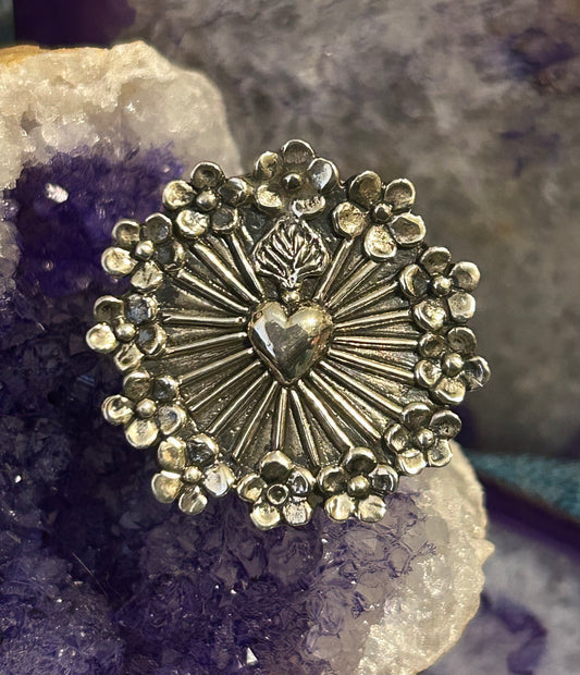 Taxco Mexico 950 Silver Sacred Heart & Flowers Statement Ring Size 6-8