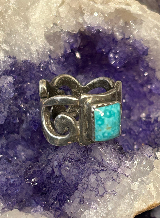Sterling Silver Vintage Handmade Casted Square Turquoise Ring Size 5