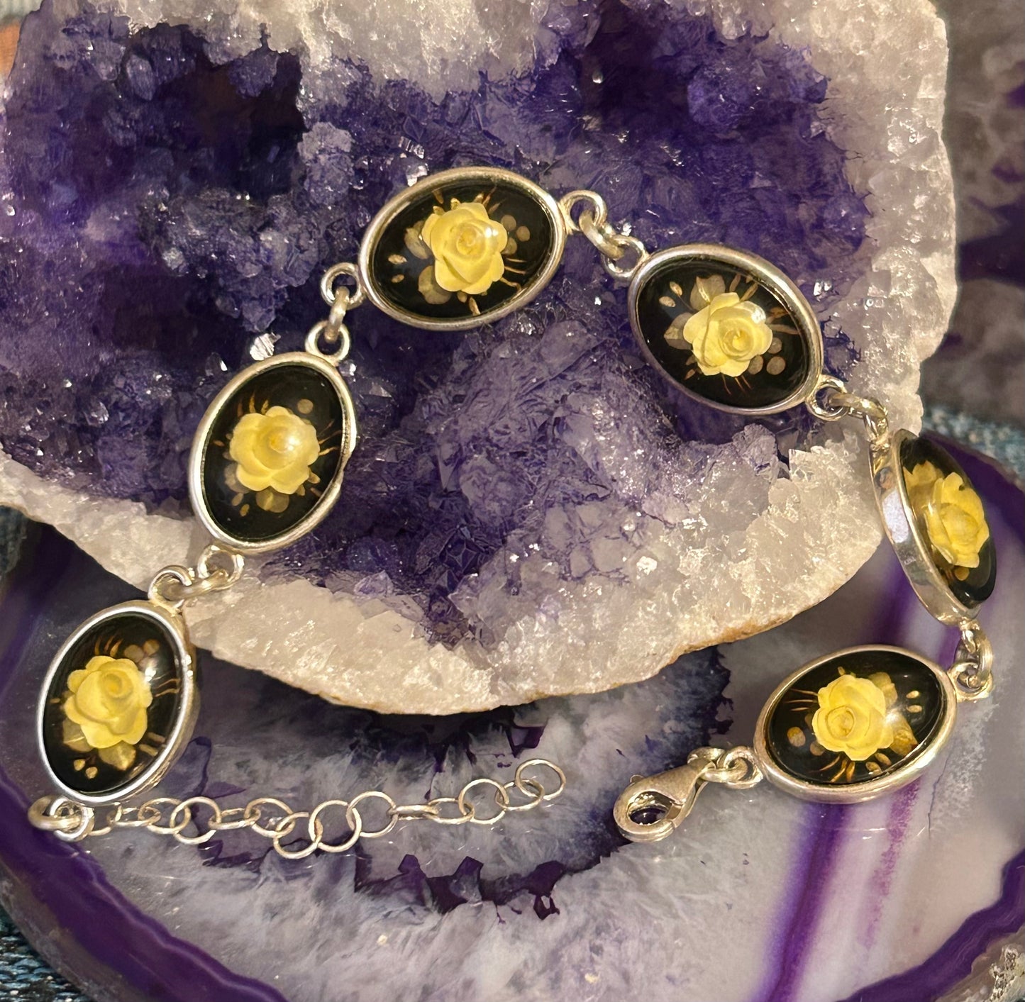 Sterling Silver & Natural Baltic Amber Carved Roses Link Bracelet
