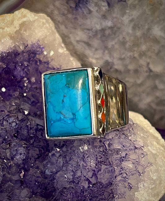 Vintage Sterling Silver PJM Hallmarked Mojave Turquoise & Enamel Ring Size 6