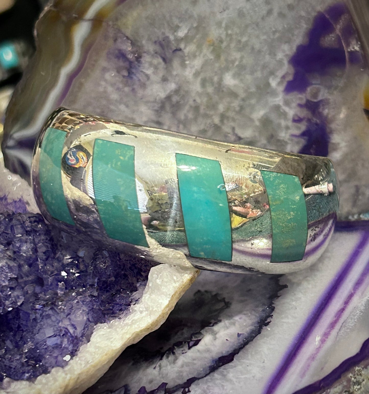Vintage Sterling Silver Taxco Mexico Heavy Turquoise Inlay Cuff Bracelet