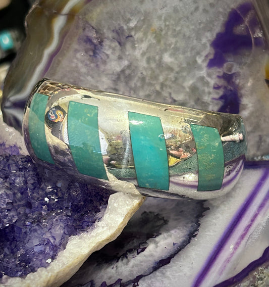 Vintage Sterling Silver Taxco Mexico Heavy Turquoise Inlay Cuff Bracelet