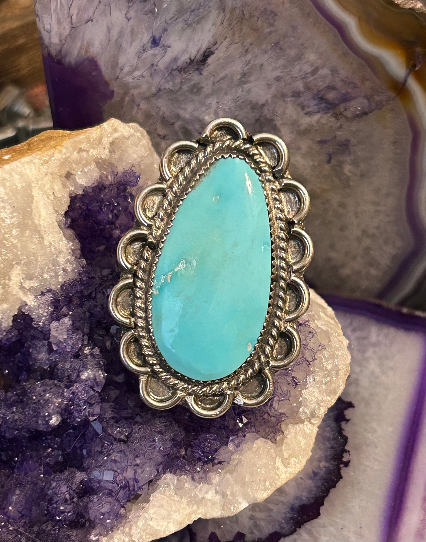 Vintage Sterling Silver Handmade Ring w/ Natural Turquoise Statement Size 8.75