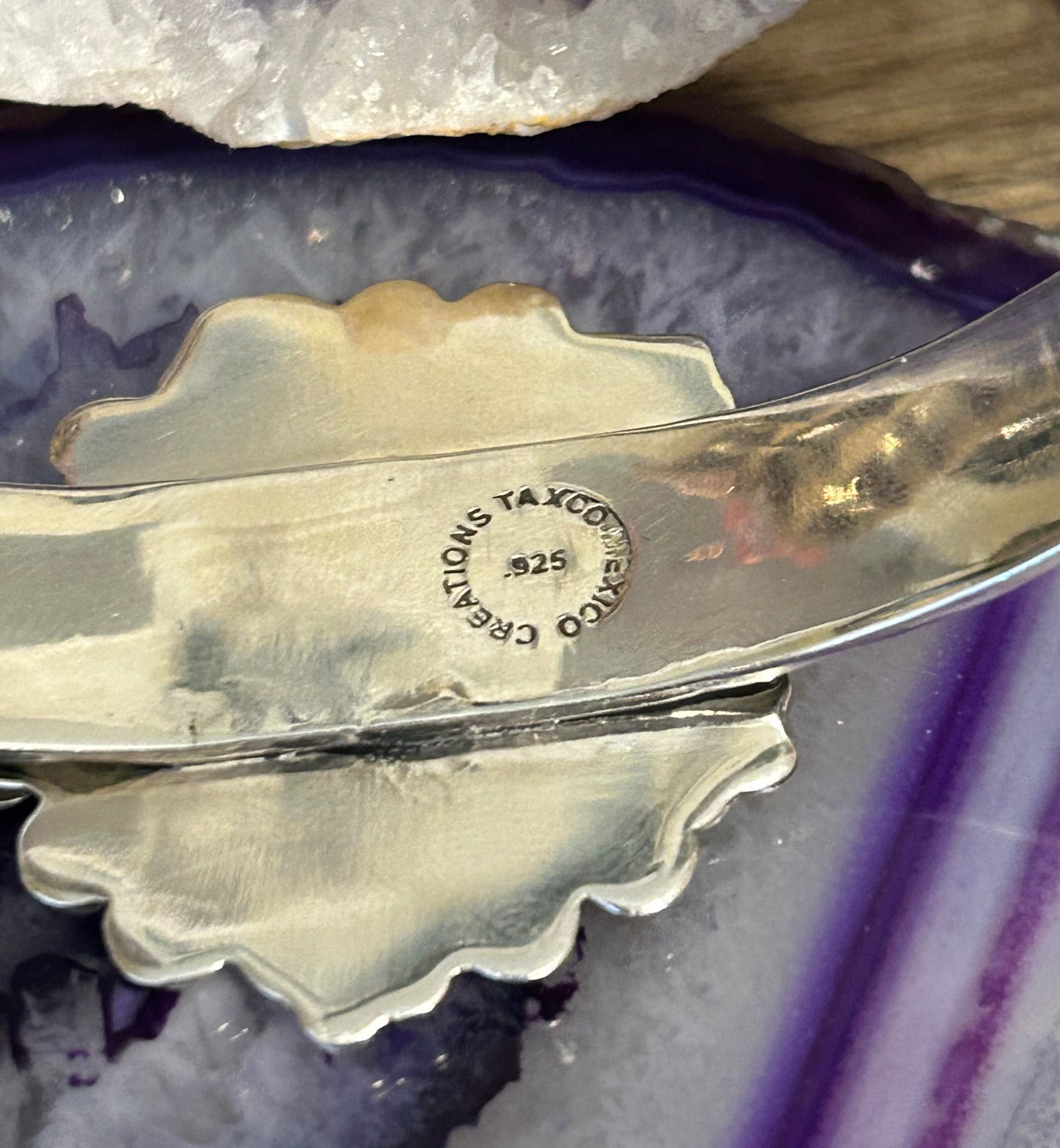 Sterling Silver Taxco Mexico Flower & Stamped Cuff Bracelet