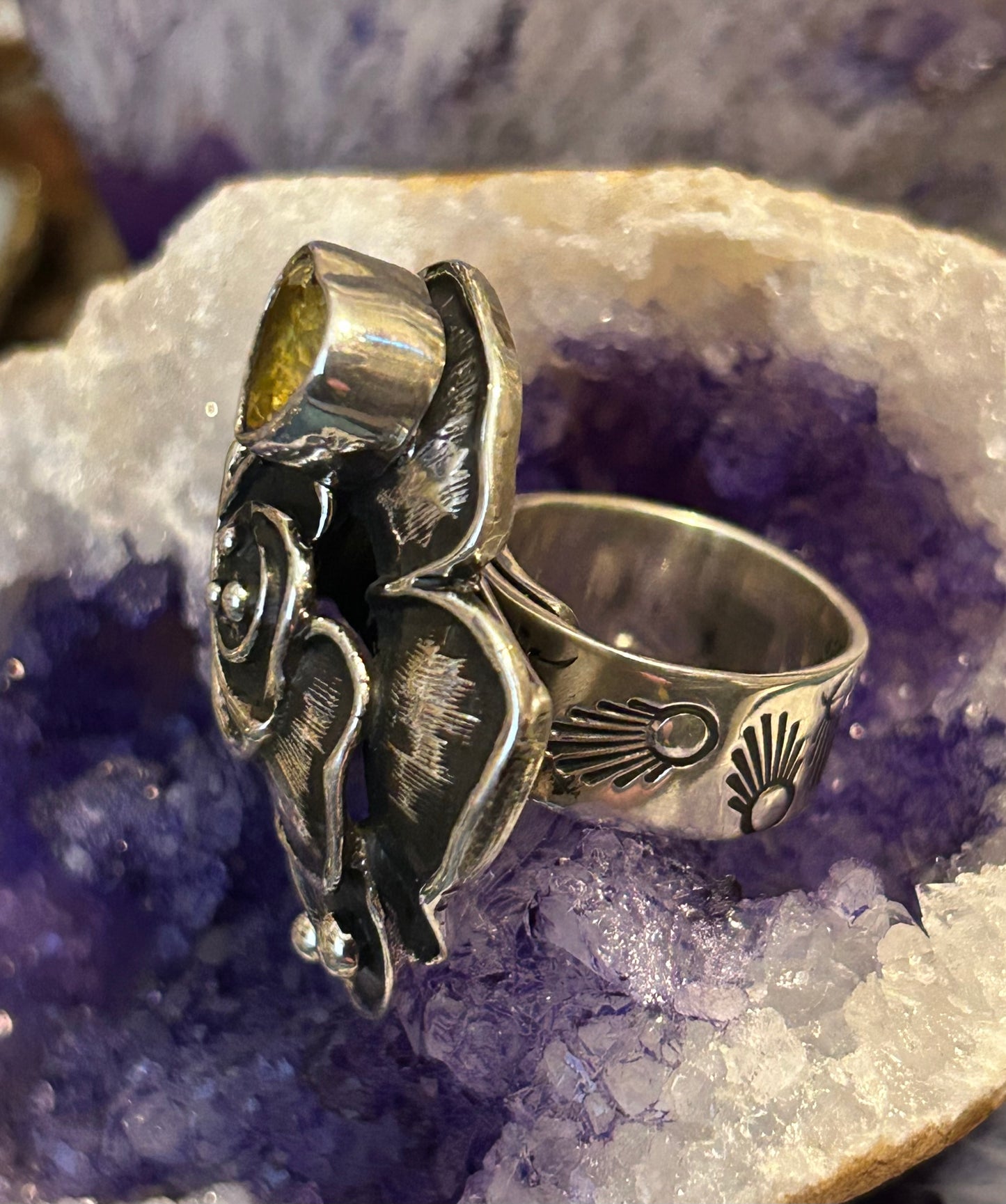 Sterling Silver Taxco Mexico Rose & Zircon Heart Gem Statement Adjustable Ring