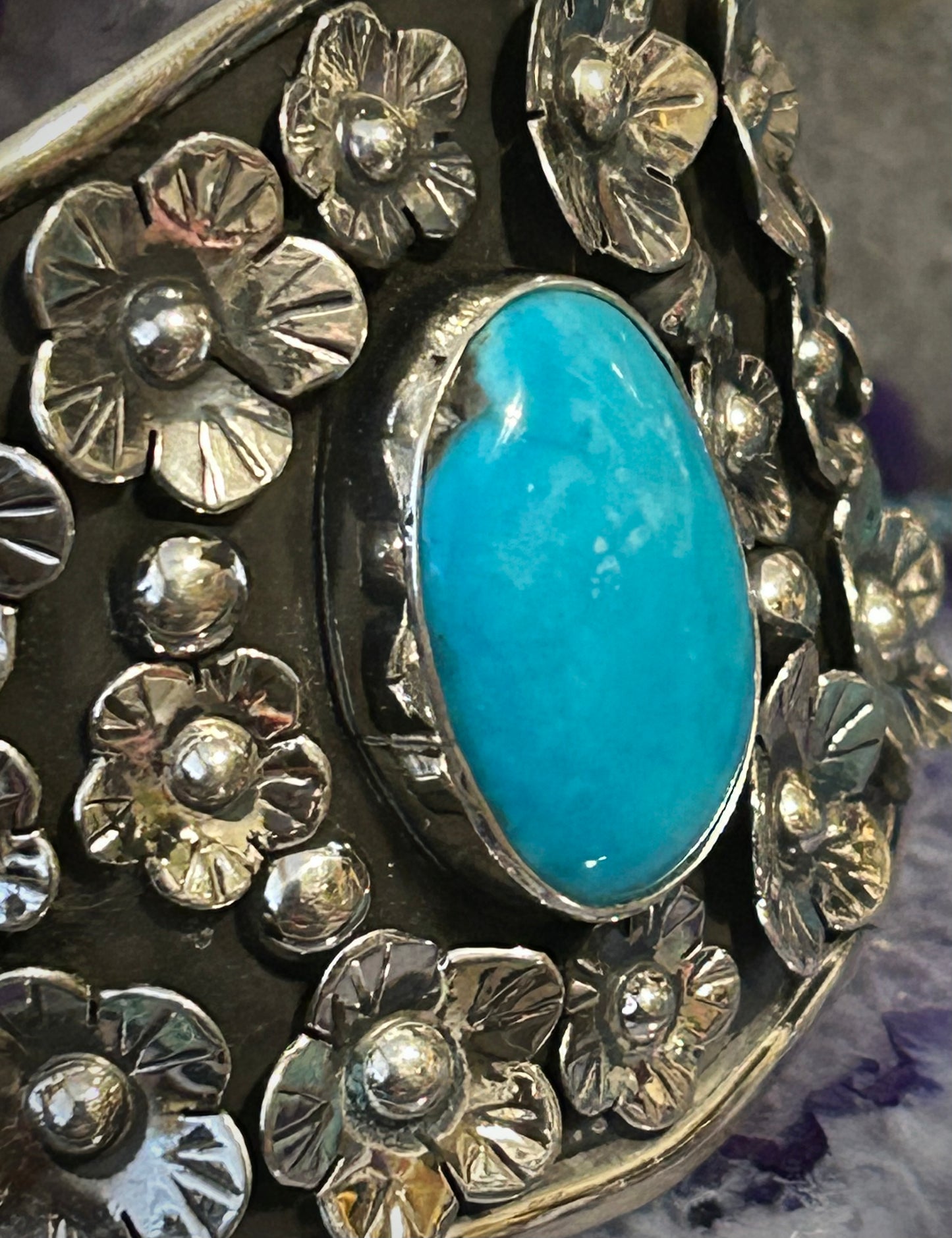 Sterling Silver Taxco Mexico Large Statement Flower Cuff W/ Natural Turquoise