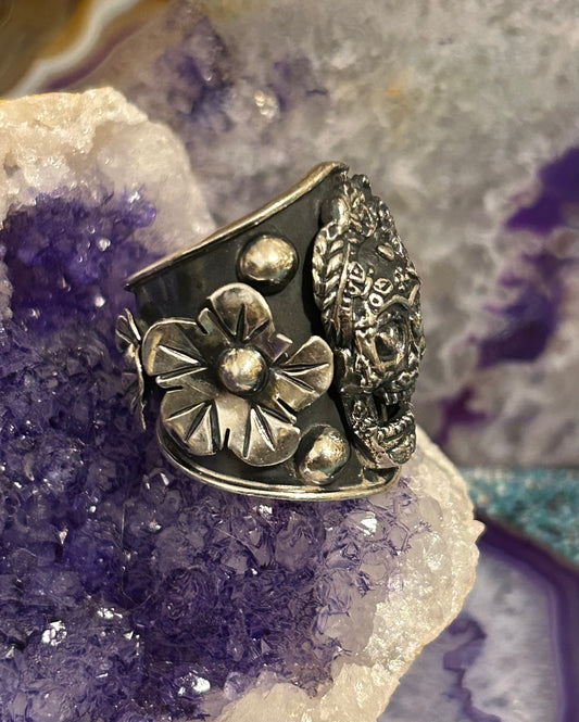 Sterling Silver Taxco Mexico Statement Day Of Dead Skull & Flower Ring Size 7-8
