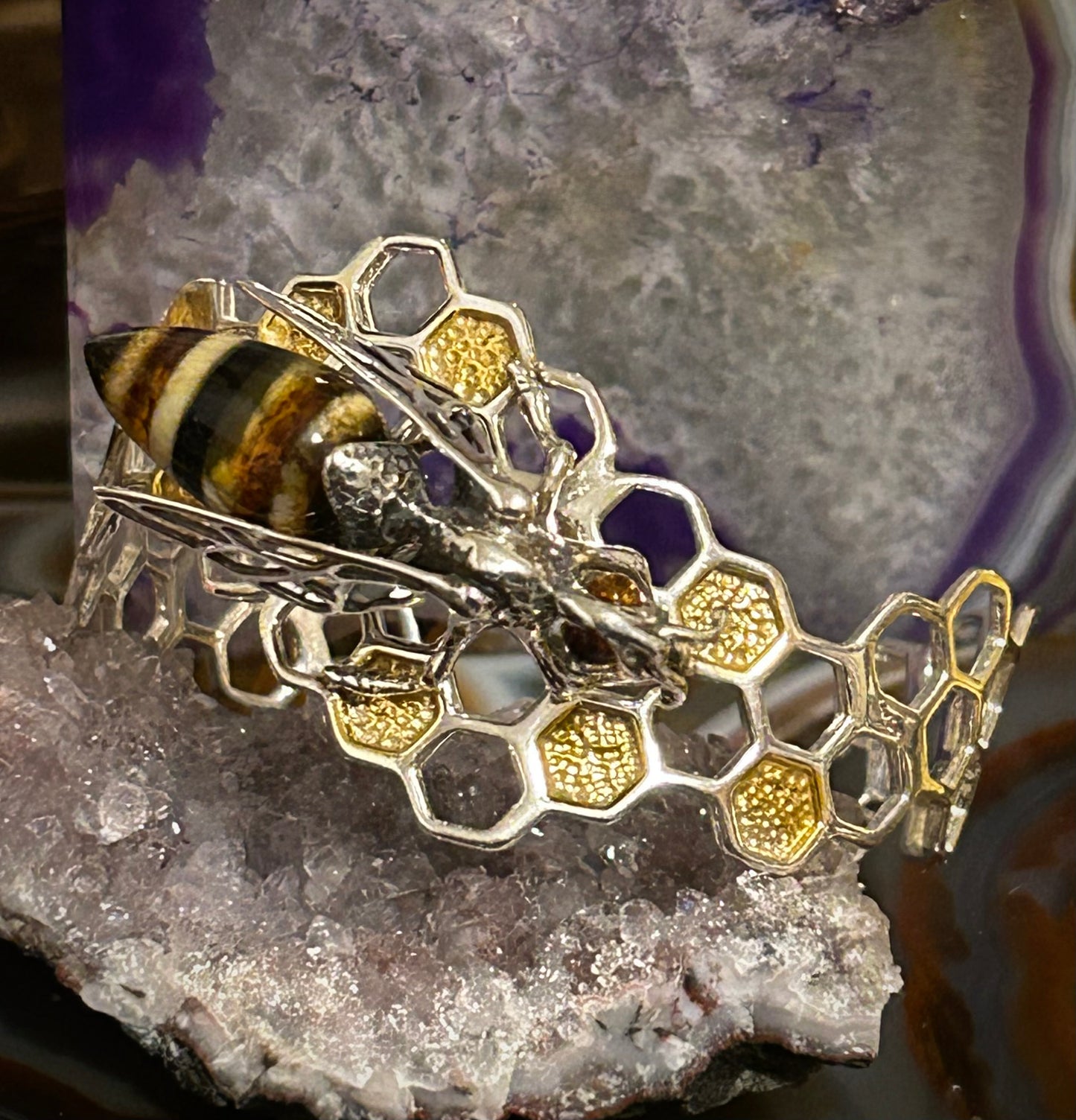 Sterling Silver & Genuine Amber Bee Honeycomb Cuff Bracelet