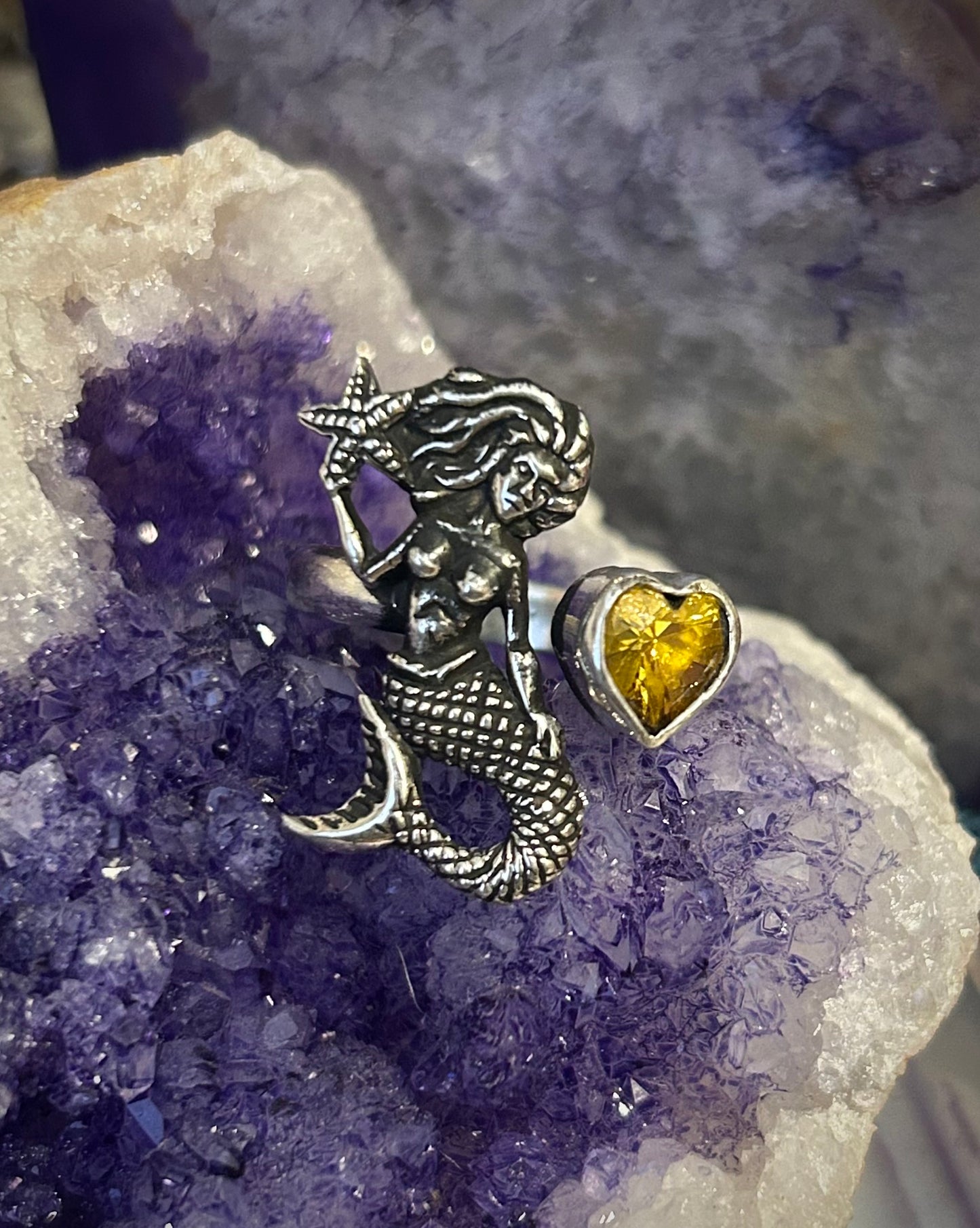 Sterling Silver Taxco Mexico Mermaid & Citrine Zircon Bypass Ring