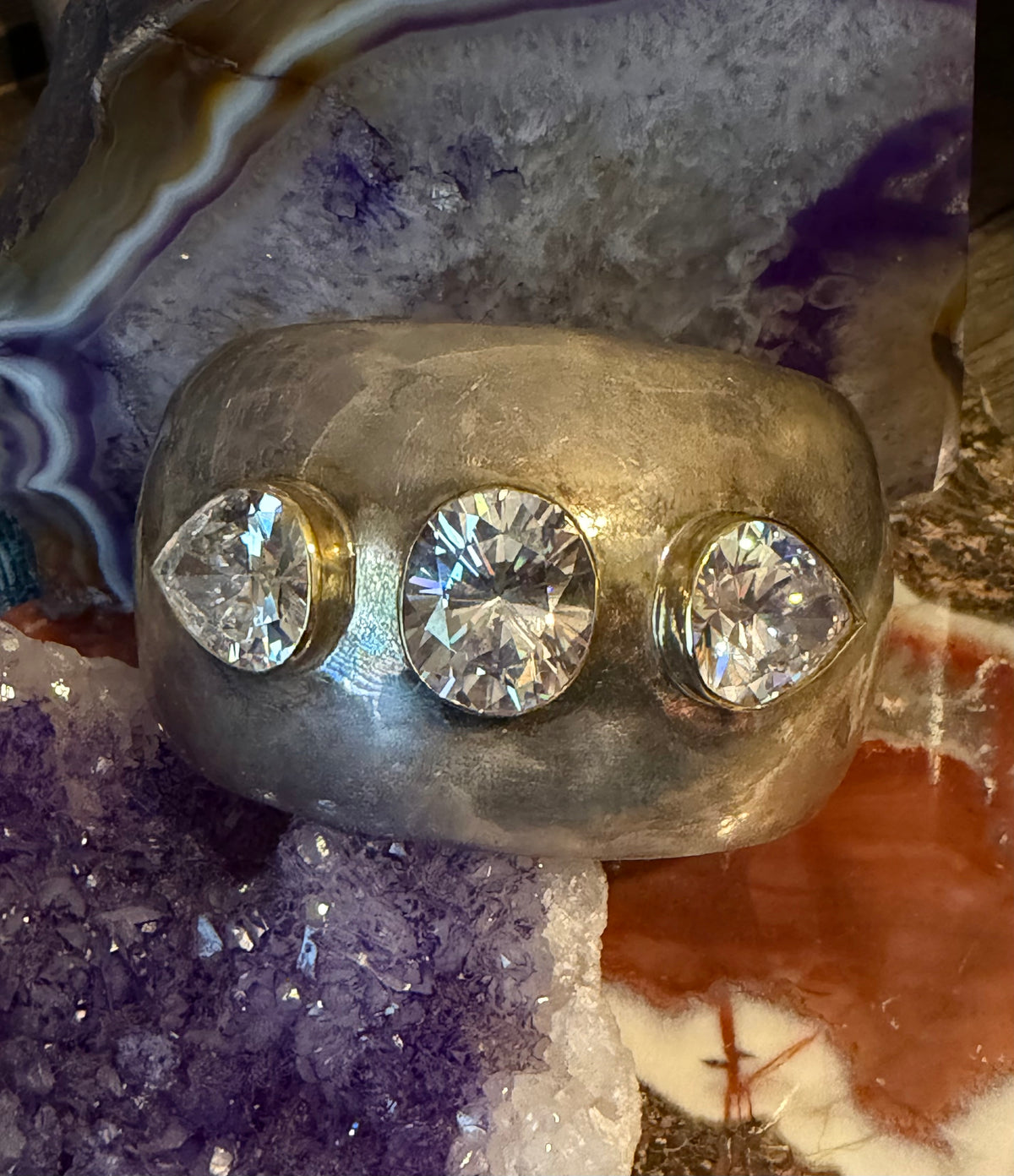 Vintage Sterling Silver Wide Modernist Cuff Bracelet W/ Clear CZ Stones