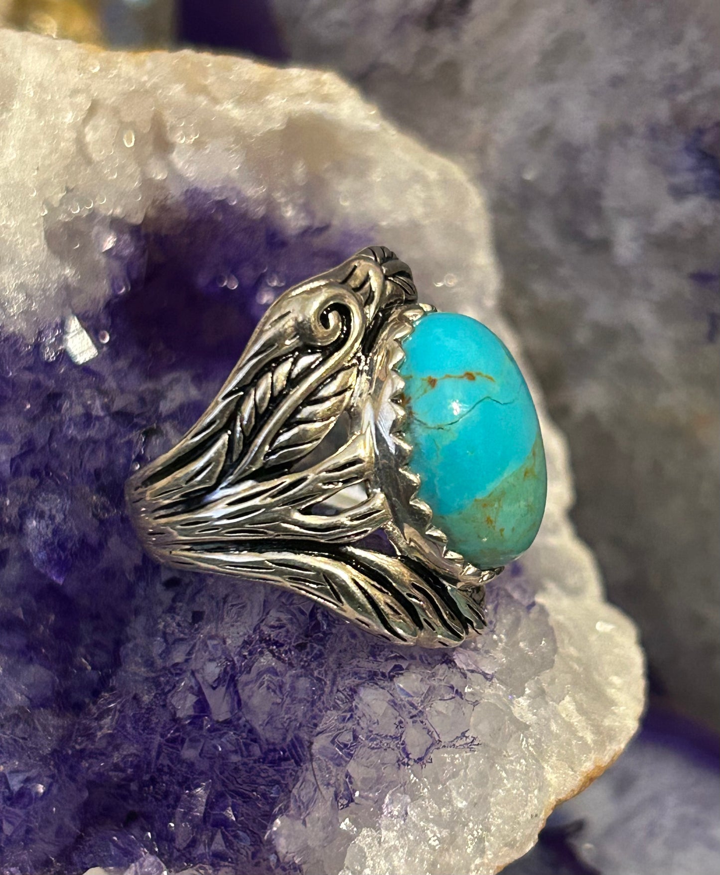 Sterling Silver Mojave Turquoise Wide Band W/ Leaves Ring Size 7