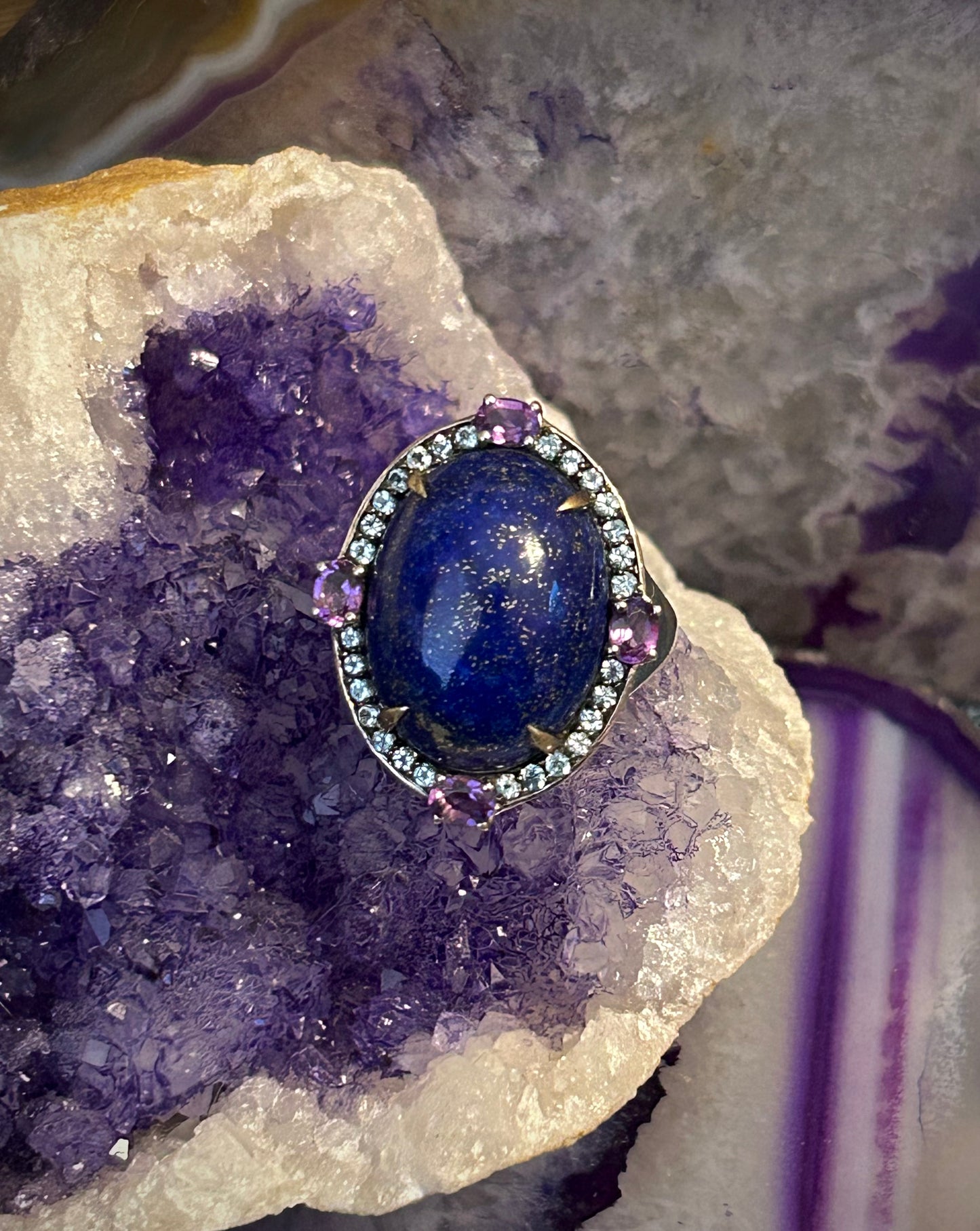 Vintage Sterling Silver Natural Gemstone Lapis, Topaz & Amethyst Ring • Size 8
