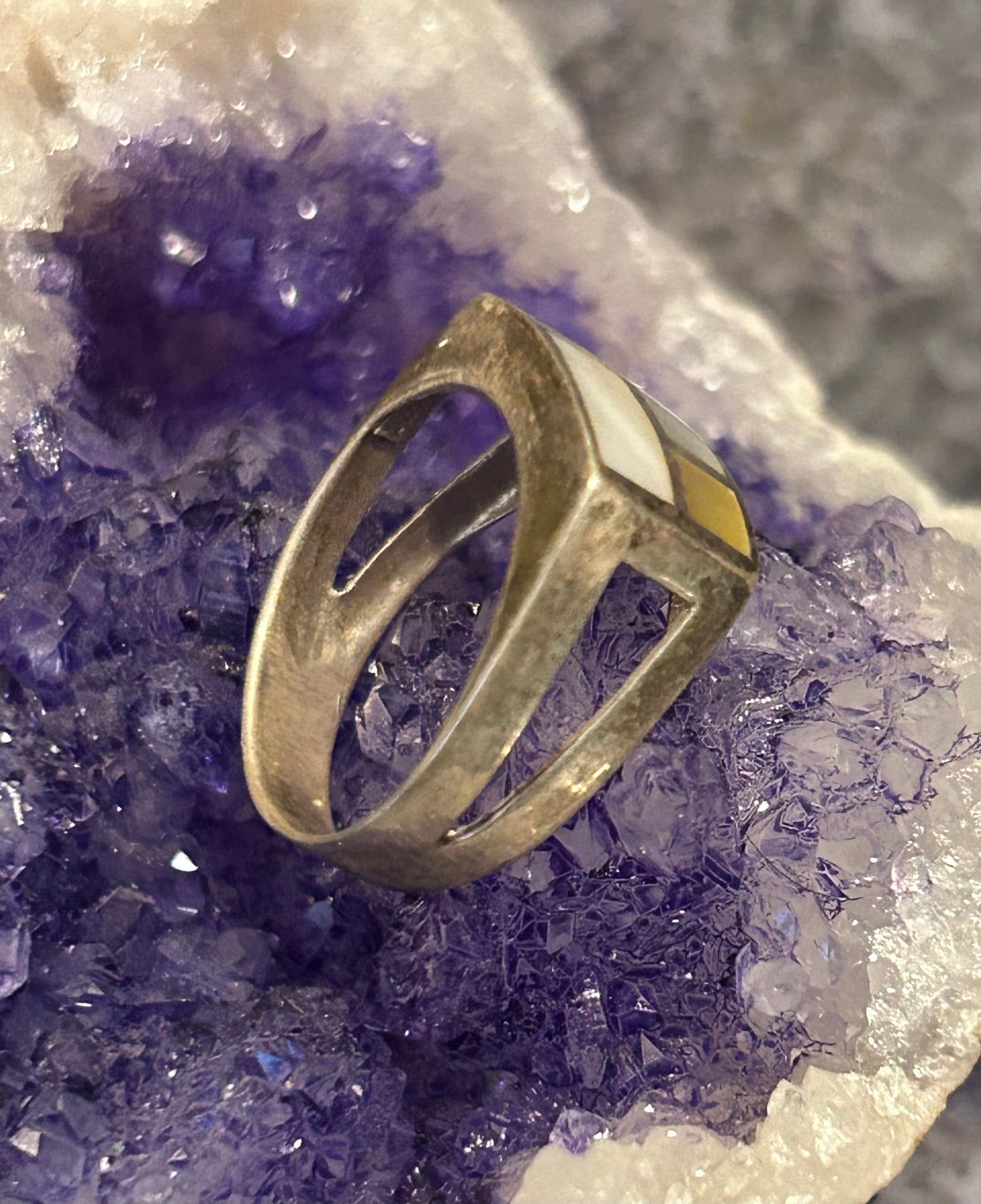 Vintage Sterling Silver Abalone & Mother Of Pearl Inlay Ring Size 8