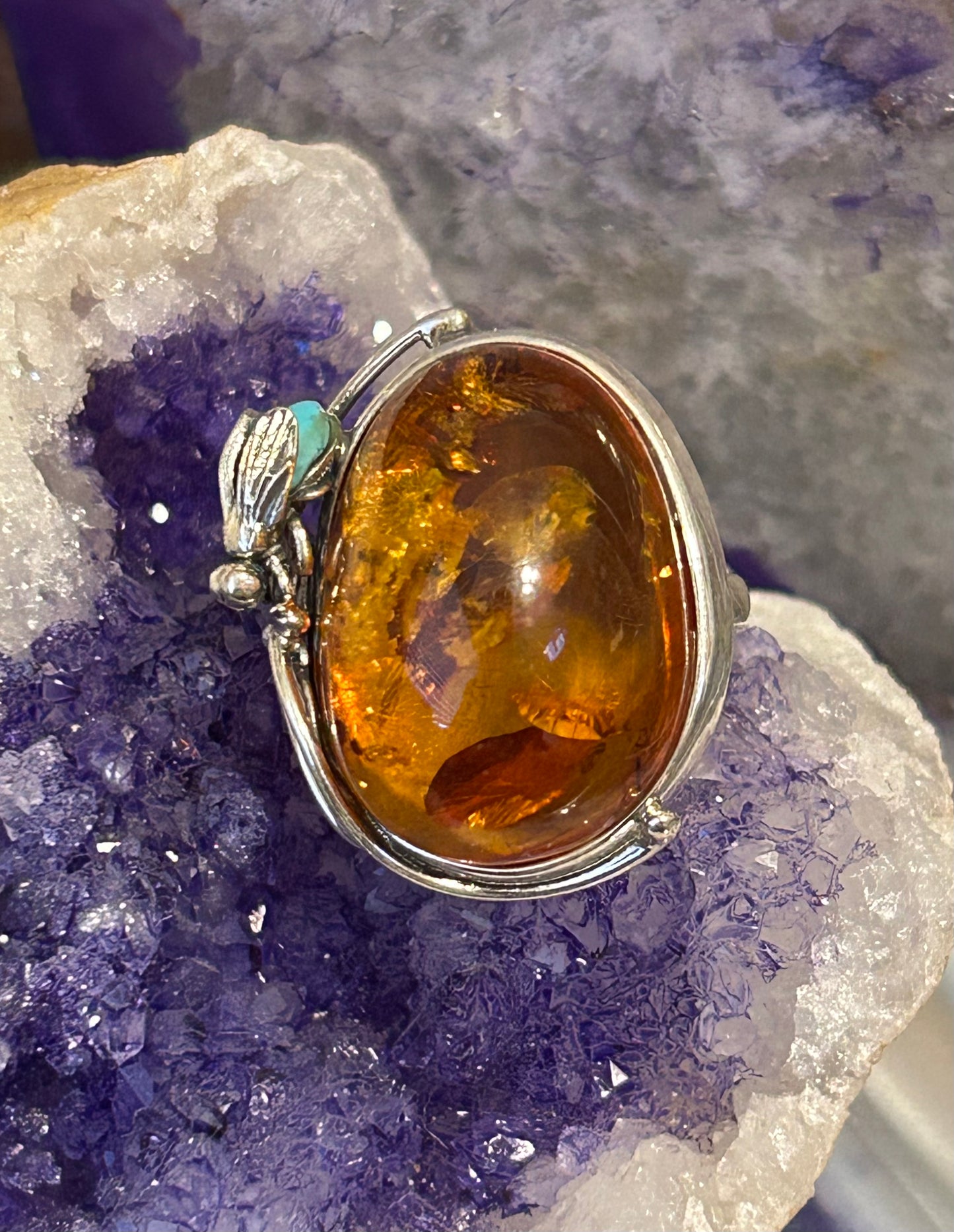 Sterling Silver w/ Large Natural Amber Stone & Turquoise Fly Ring Adjustable
