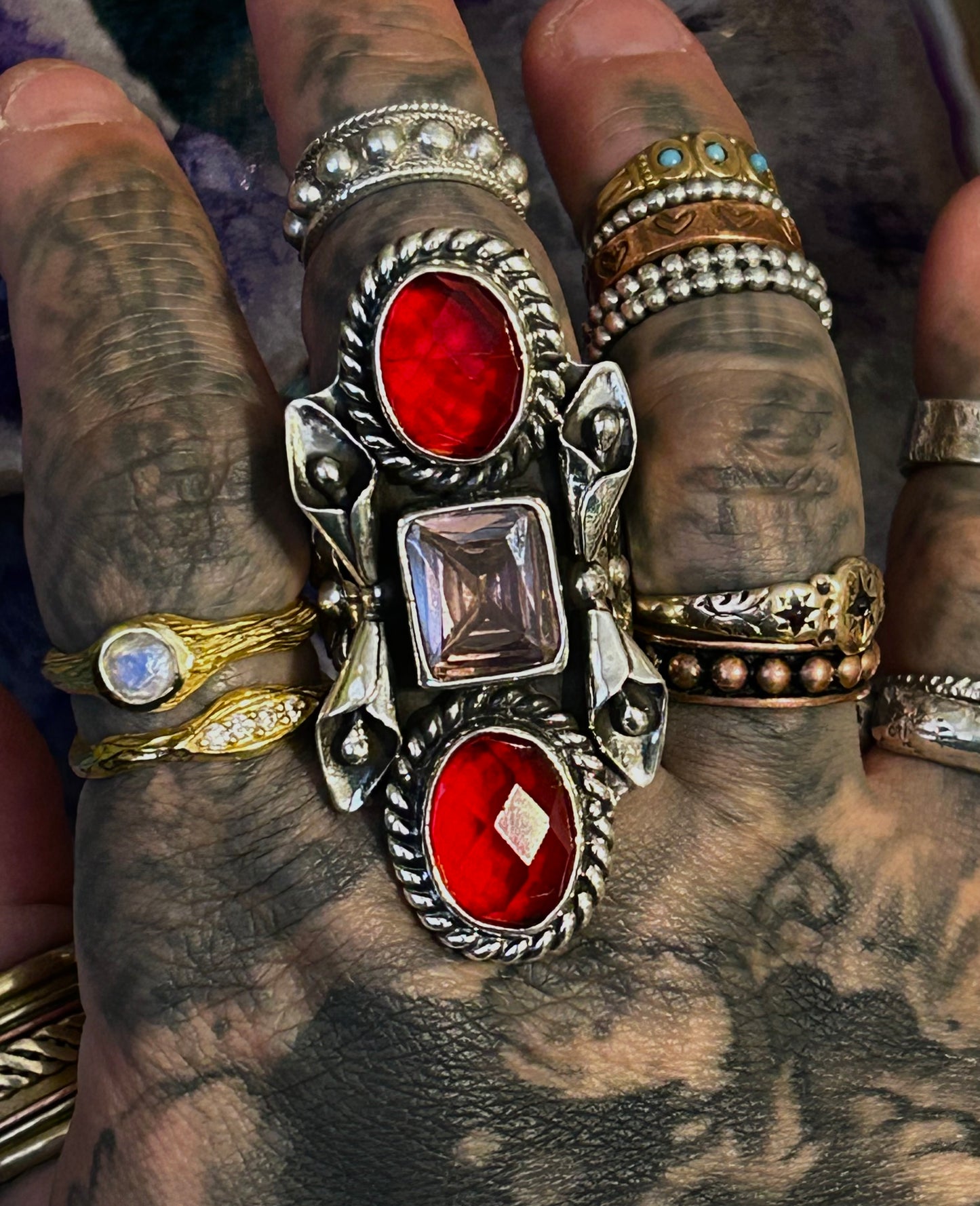 Sterling Silver Taxco Mexico Statement Ring w/ Pink & Red Natural Stones • Size 5-6