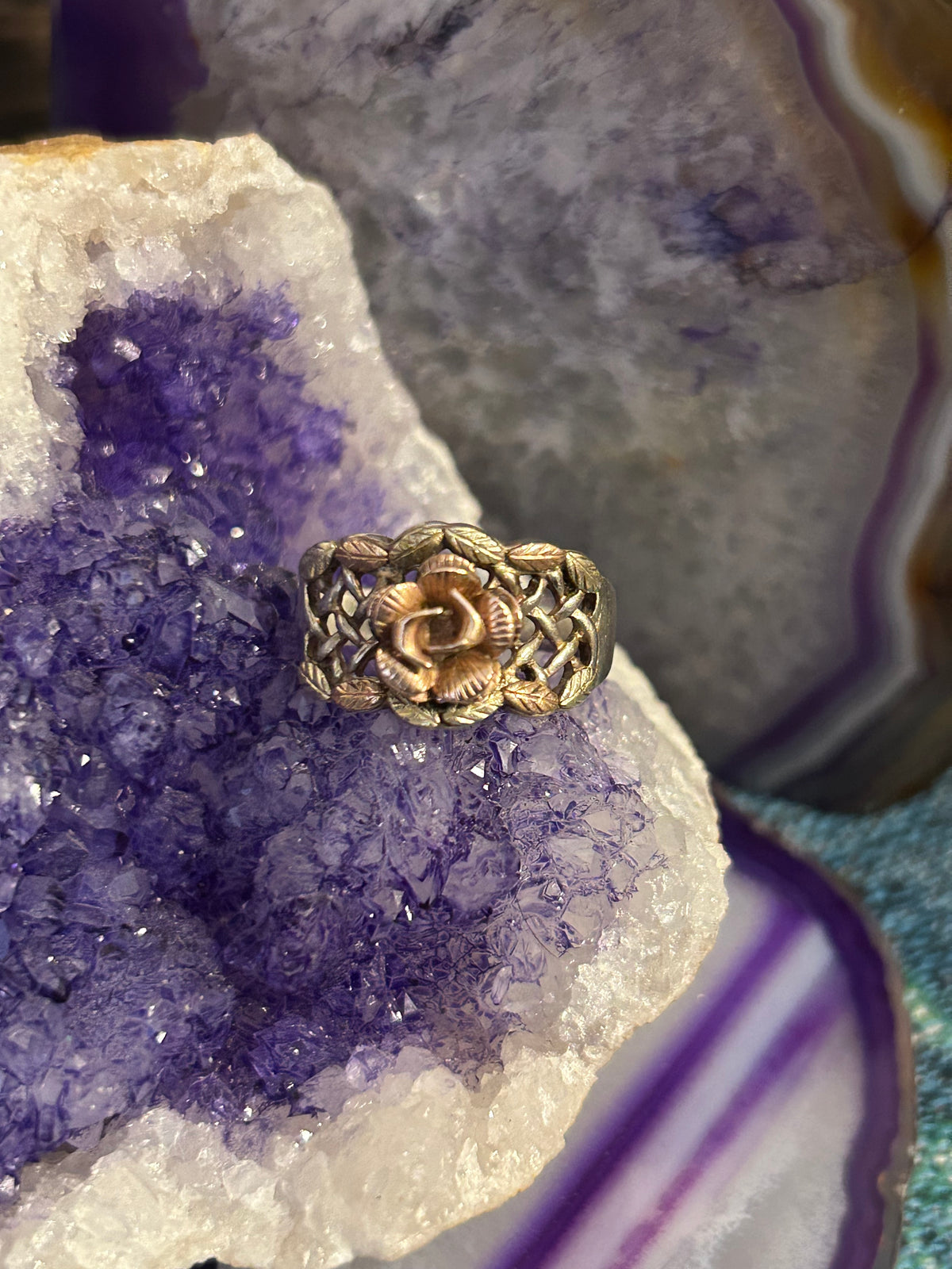 Vintage Coleman Co CCO Black Hills Gold 12K 3D Rose & Leaf Sterling Ring • Size 8