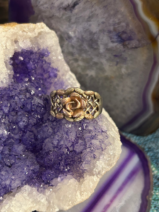 Vintage Coleman Co CCO Black Hills Gold 12K 3D Rose & Leaf Sterling Ring • Size 8