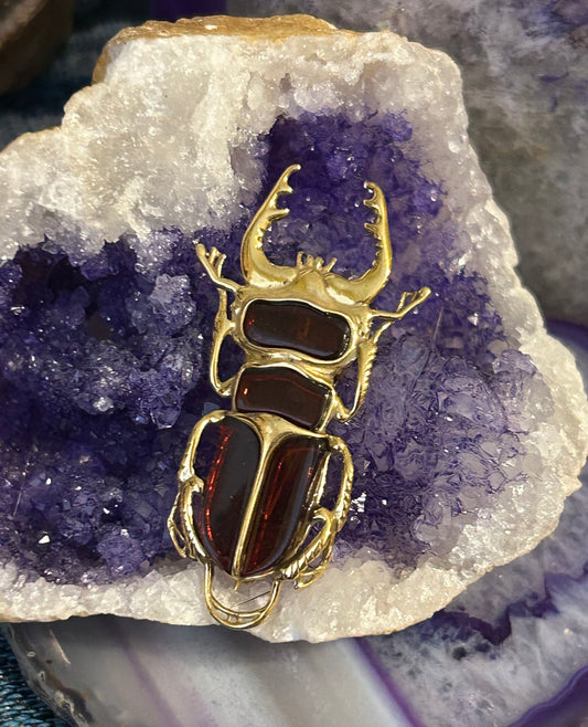 14k Gold Over Sterling Silver & Baltic Cherry Amber Stag Beetle Pendant Pin