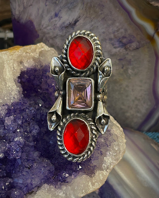 Sterling Silver Taxco Mexico Statement Ring w/ Pink & Red Natural Stones • Size 5-6