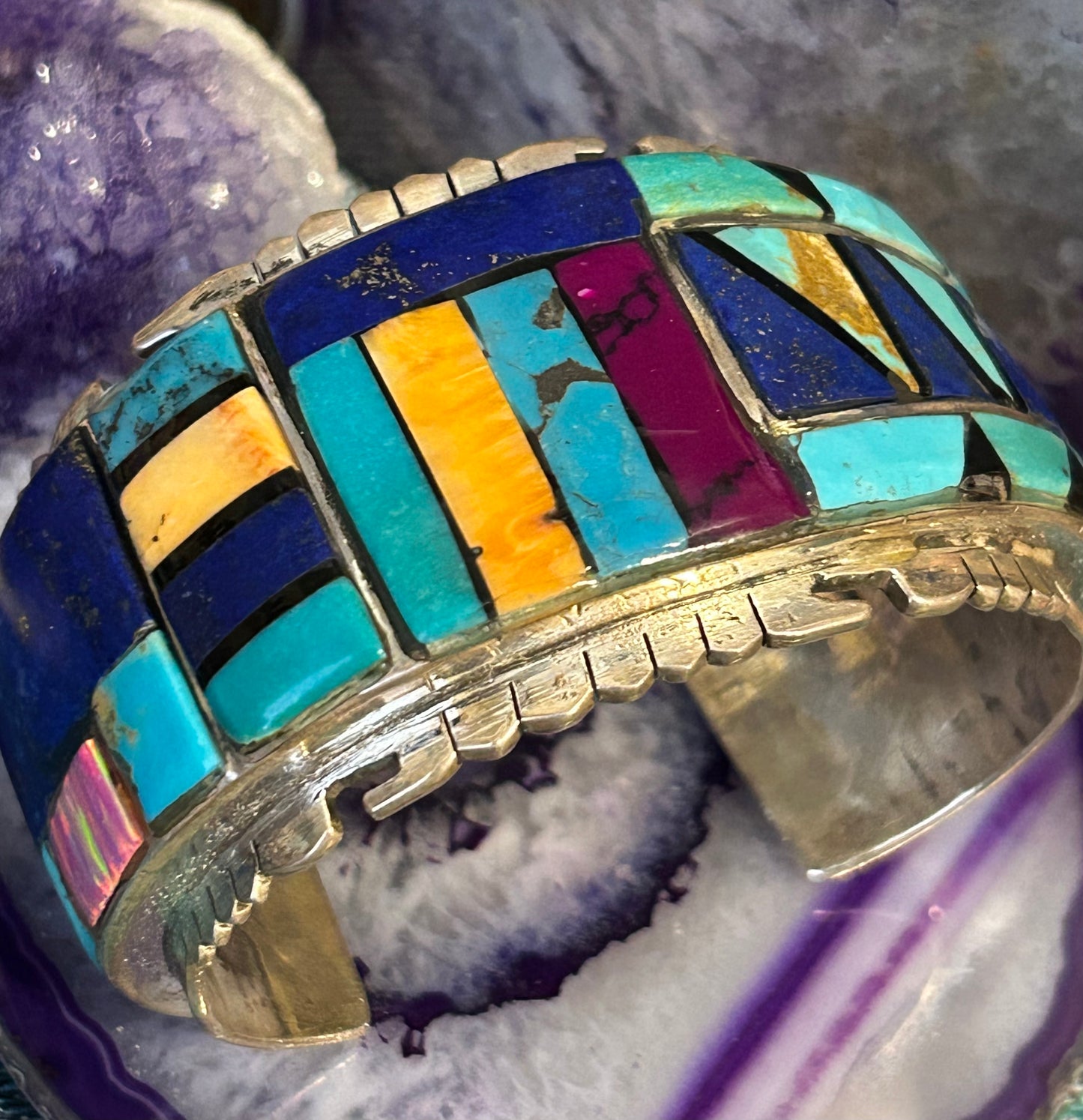 Sterling Silver Huge Multi-stone Inlay Statement Cuff Bracelet
