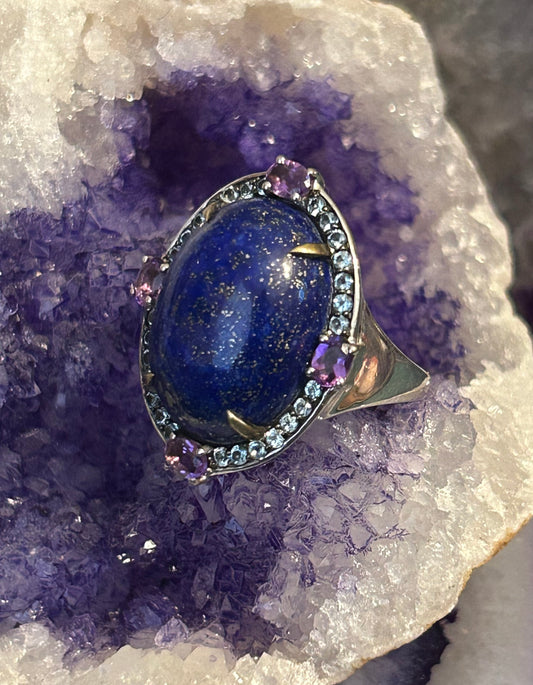 Vintage Sterling Silver Natural Gemstone Lapis, Topaz & Amethyst Ring • Size 8