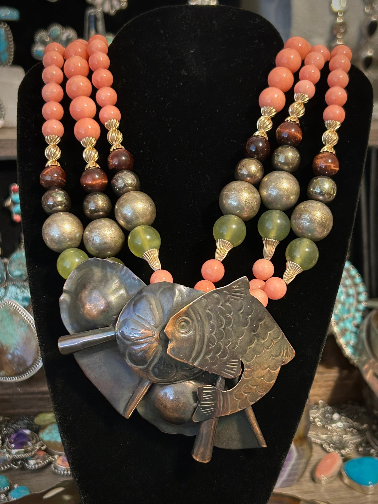 Vintage Rosemary G Ro-Do Multi-layer Beaded Necklace With Fish, Pink, Green Etc