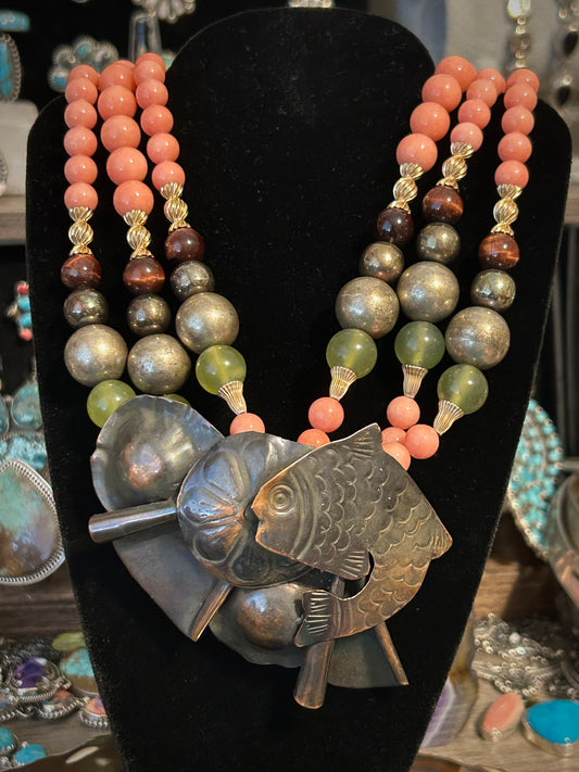 Vintage Rosemary G Ro-Do Multi-layer Beaded Necklace With Fish, Pink, Green Etc