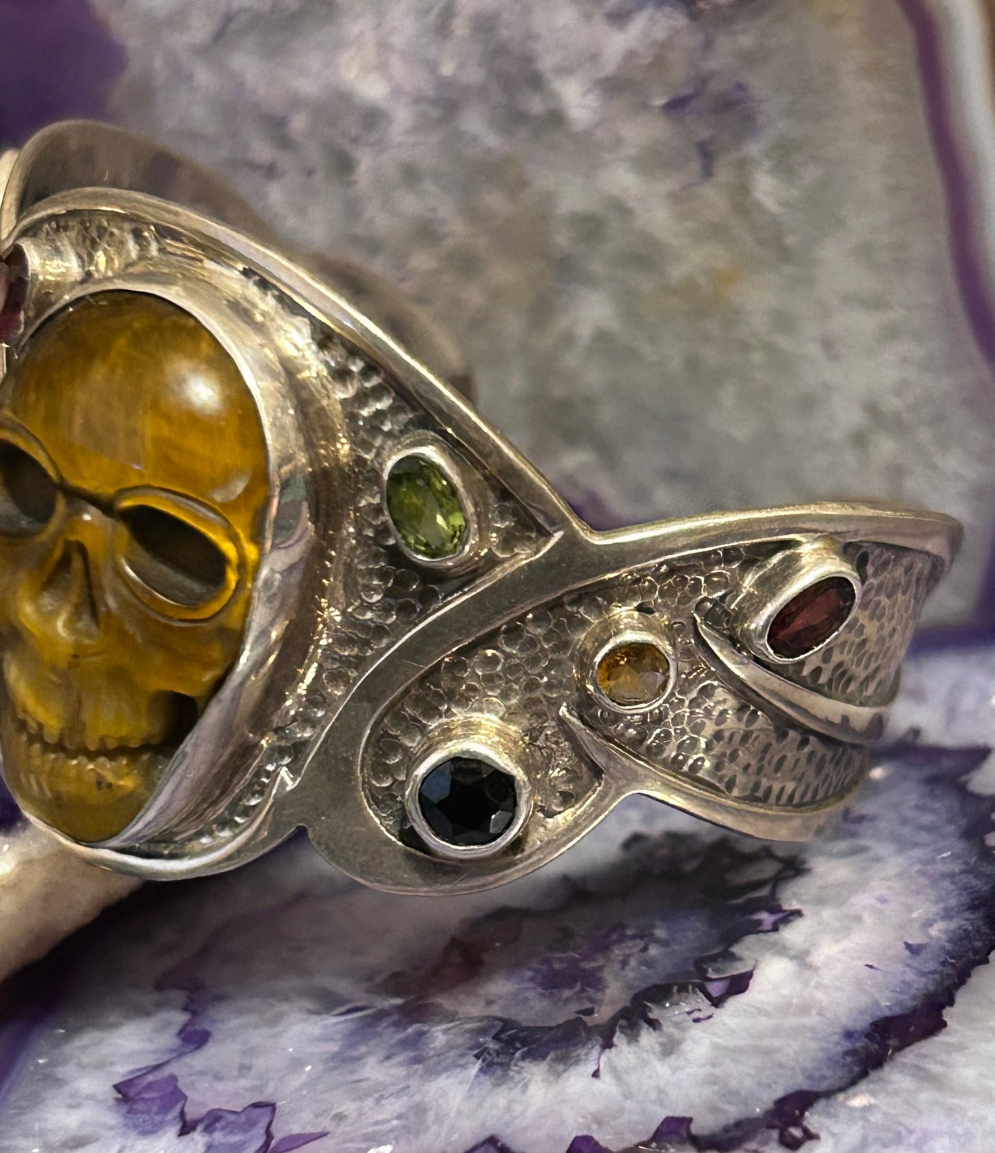 Sterling Silver, Tiger Eye, Multi-Stone Skull Cuff Bracelet