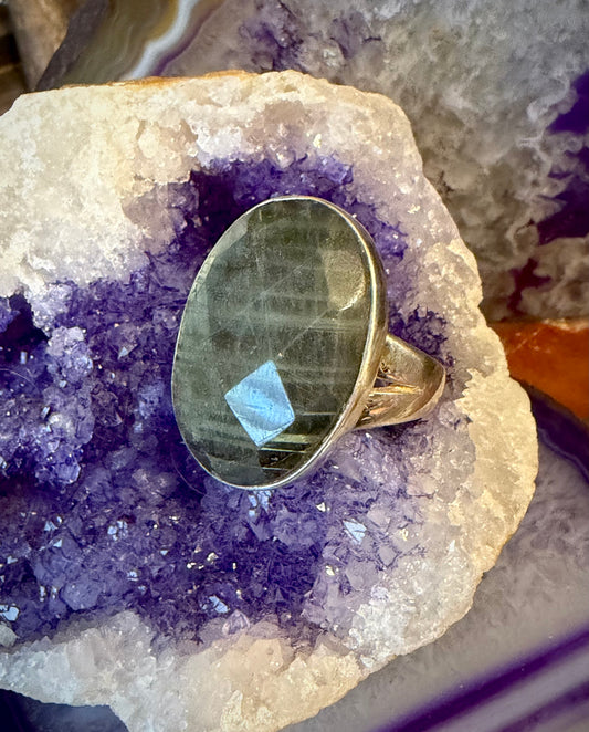 Vintage Sterling Silver Faceted Labradorite Chunky Statement Ring Adjustable