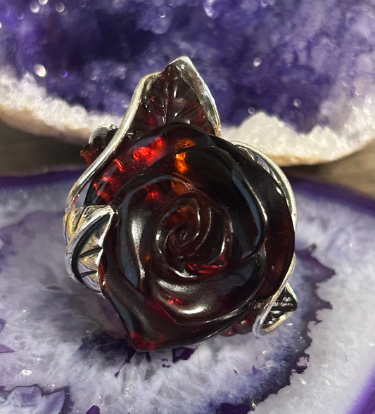 Sterling Silver Cherry Amber Big Rose Adjustable Ring