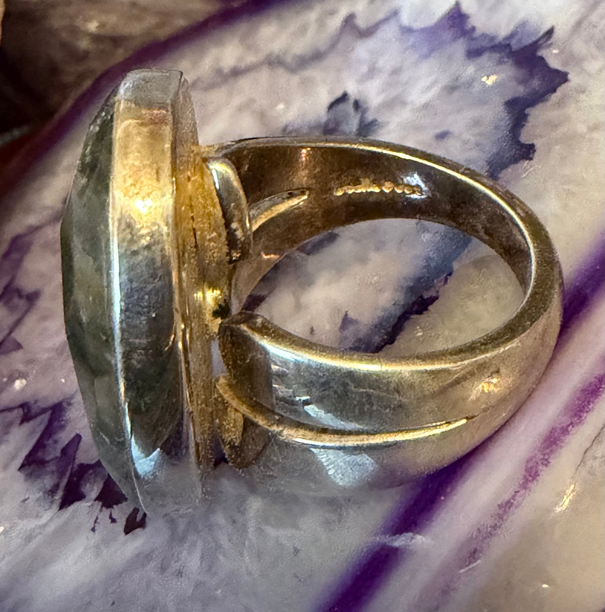 Vintage Sterling Silver Faceted Labradorite Chunky Statement Ring Adjustable