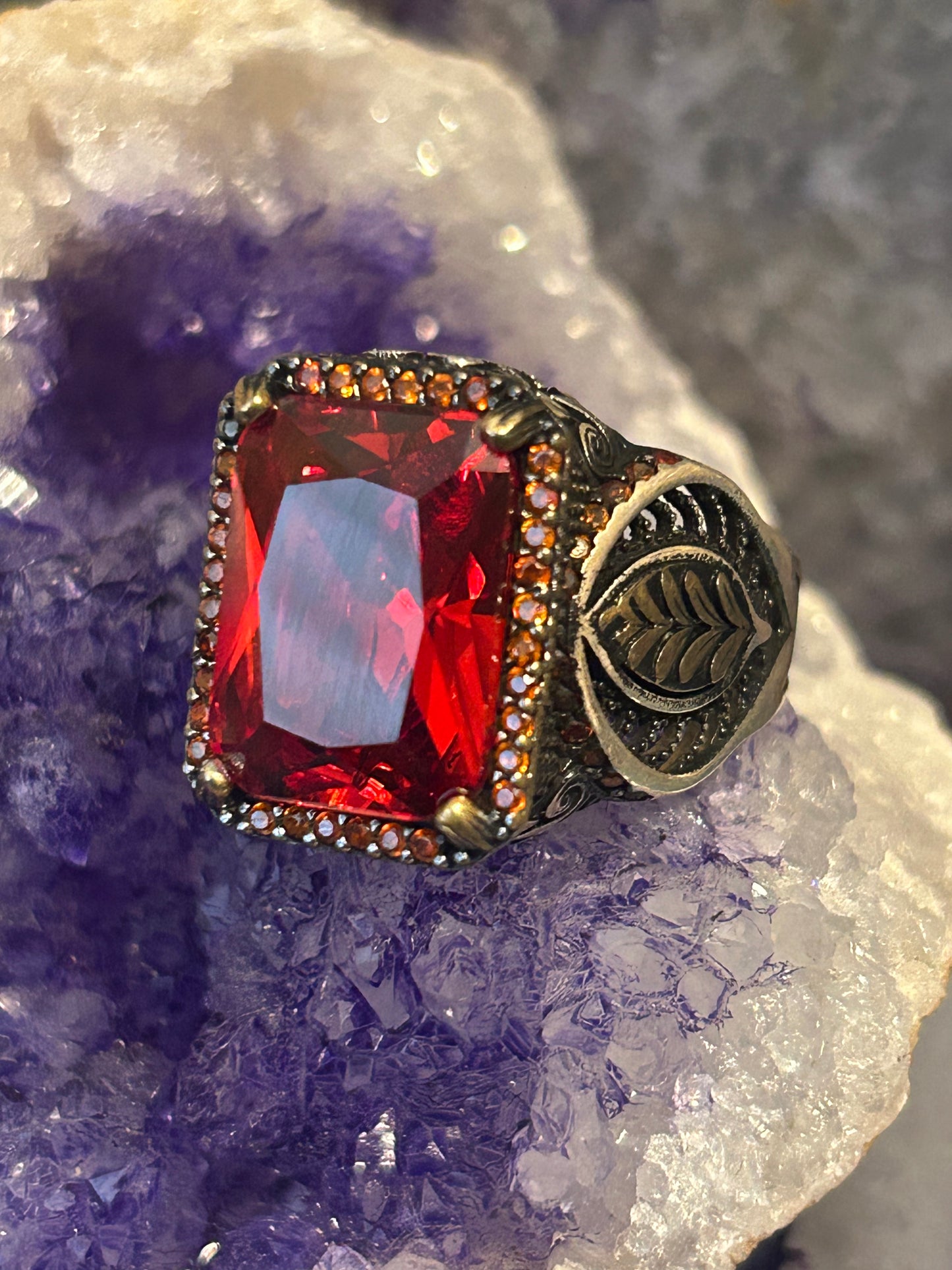 Sterling Silver Chunky Signet Style Vibrant Red Stone Turkish Ring Size 11.5