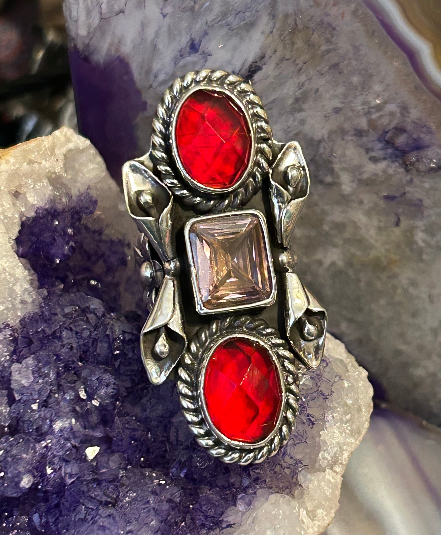 Sterling Silver Taxco Mexico Statement Ring w/ Pink & Red Natural Stones • Size 5-6