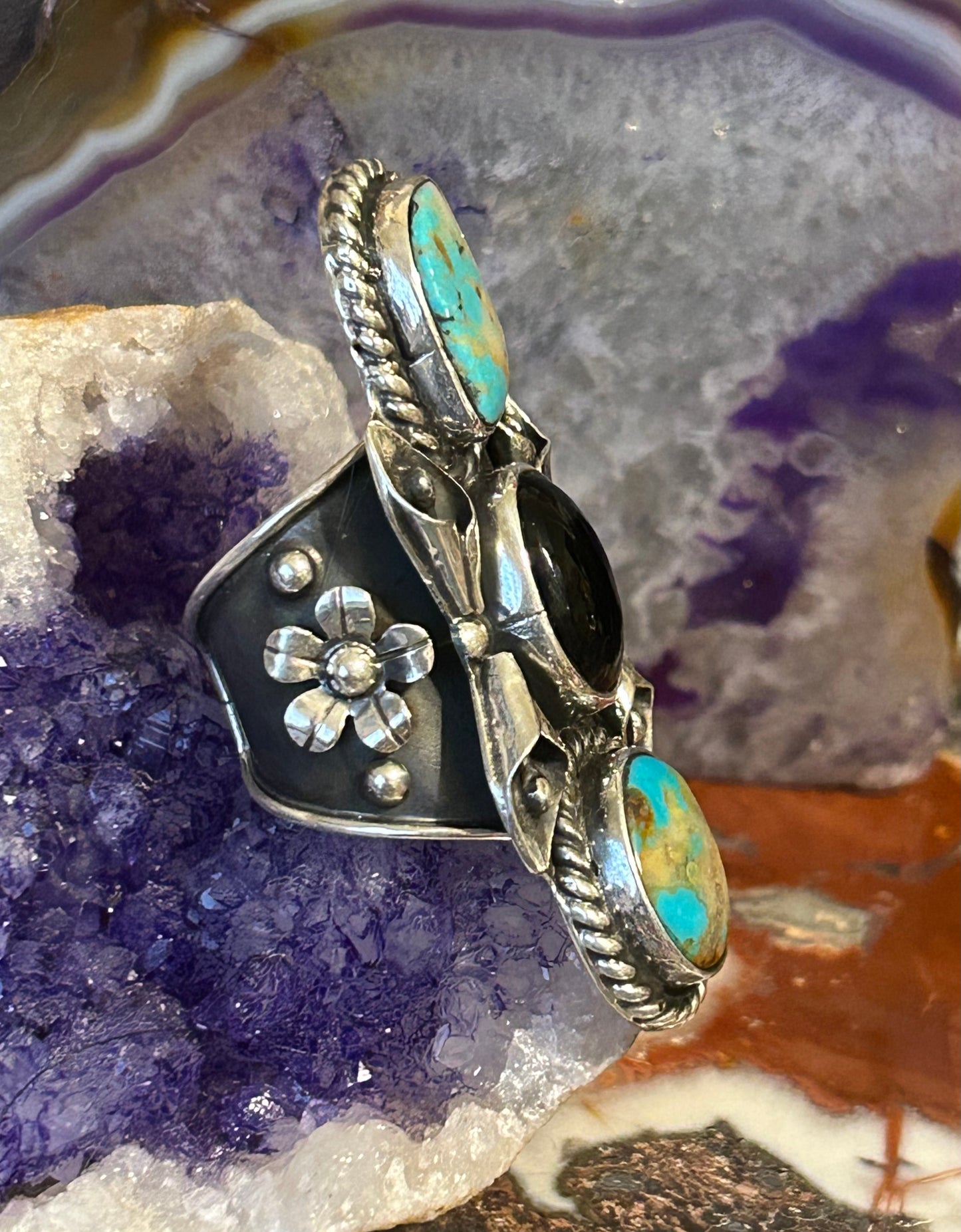 Sterling Silver Taxco Mexico Large Statement Ring w/ Turquoise & Onyx Sz 6.5-8.5