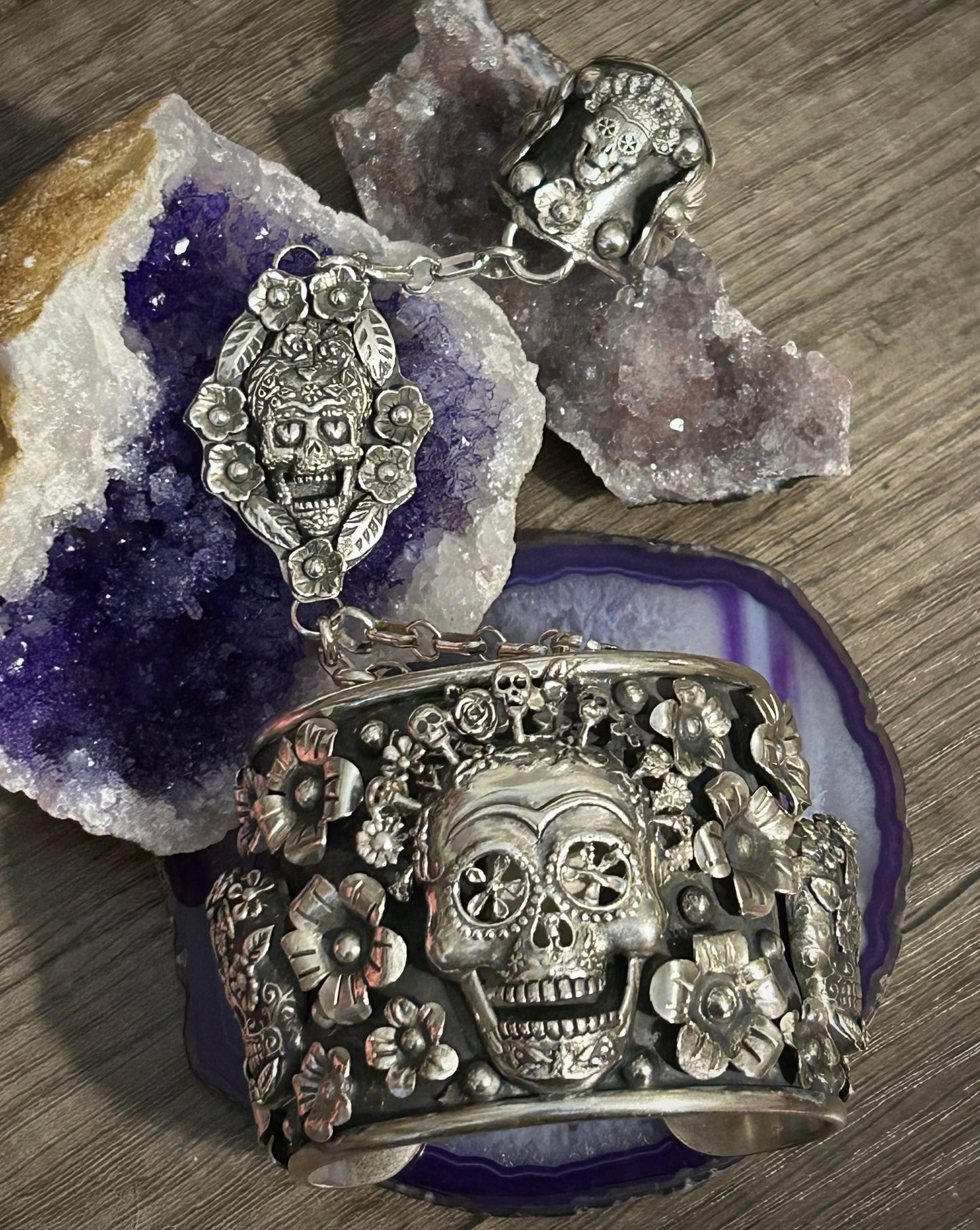 GuzFurbished x Taxco Sterling Silver Day of the Dead Hand-harness Bracelet Set