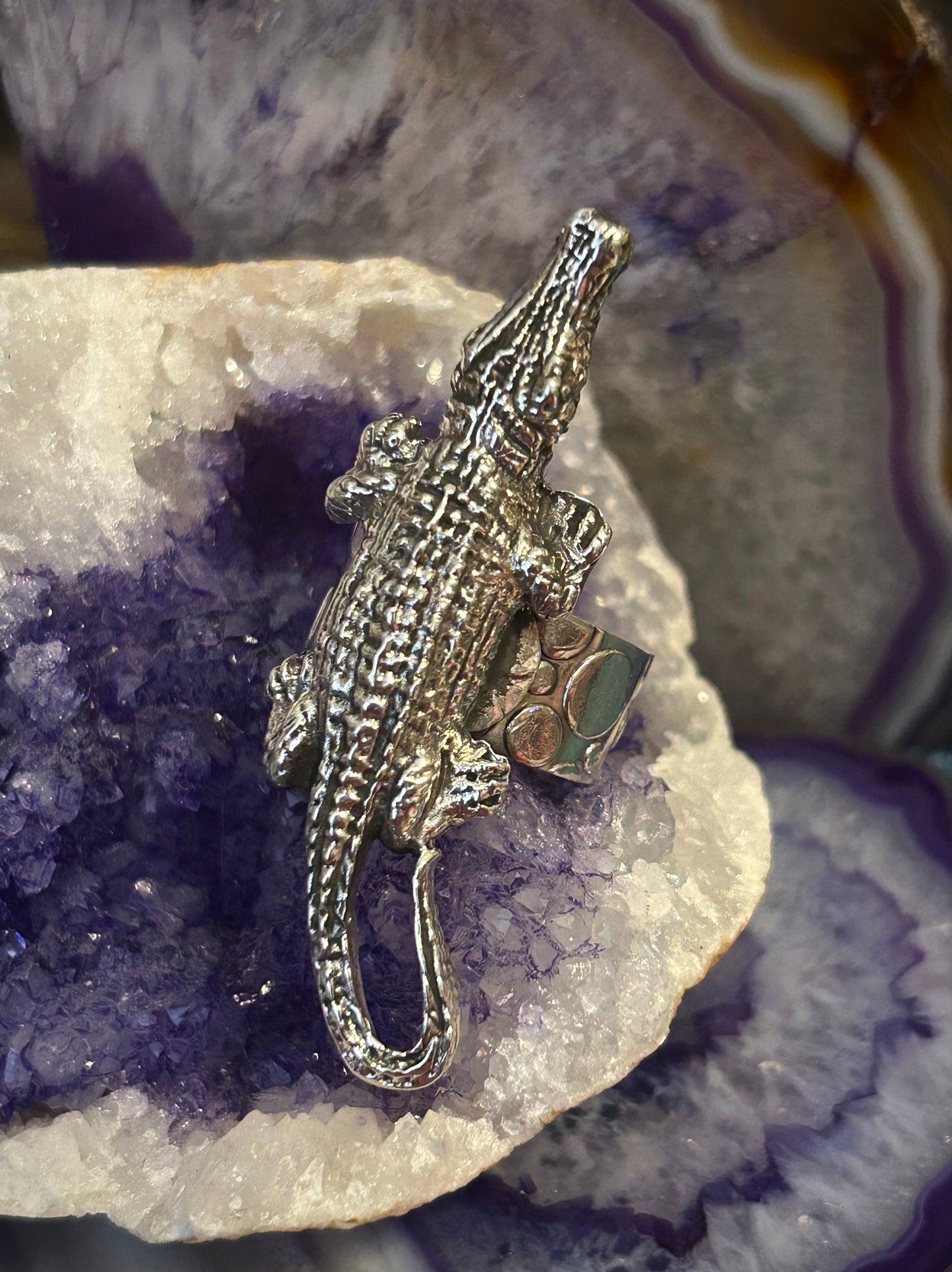 Sterling Silver Taxco Mexico Large Alligator Crocodile Ring Adjustable