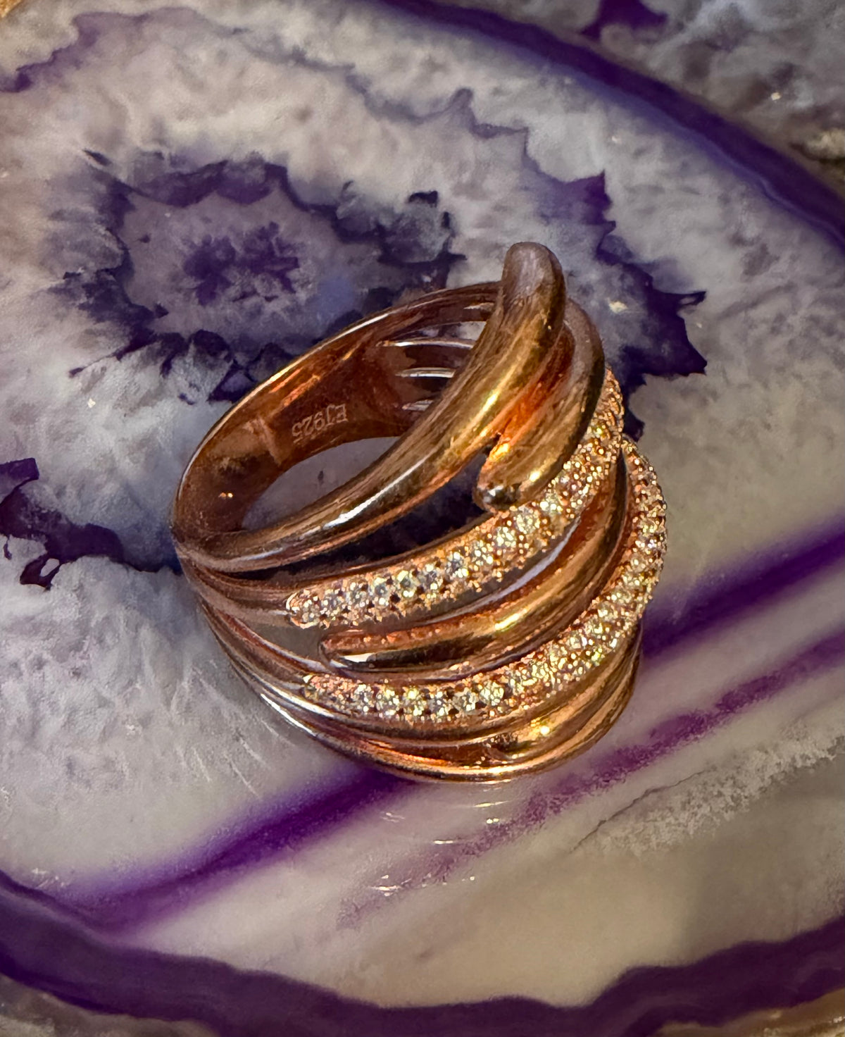 Rose Gold Plated Sterling Silver Modernist CZ Ring Size 7-8