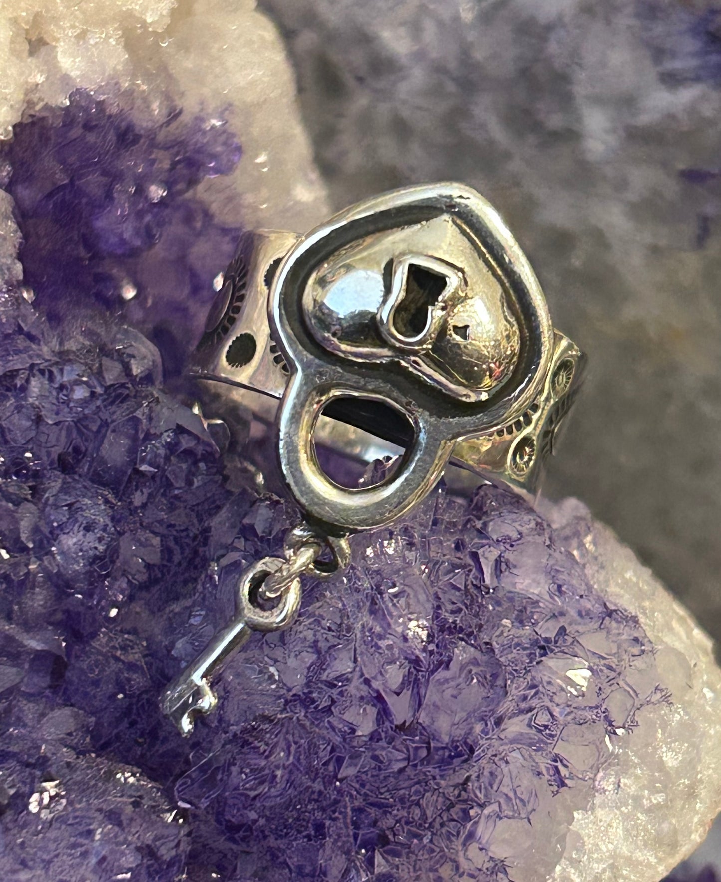 Sterling Silver Modern Taxco Mexico “Key To My Heart” Ring • Adjustable